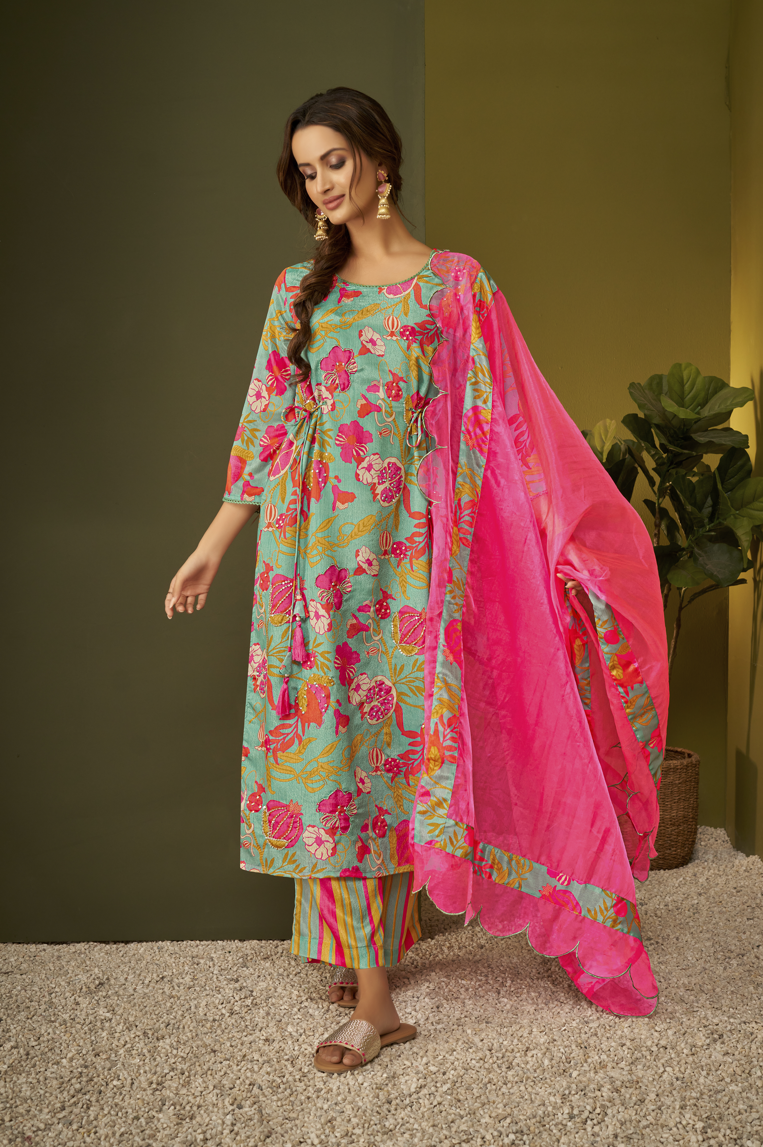 Green Floral Kurta Set with Pink Scalloped Dupatta