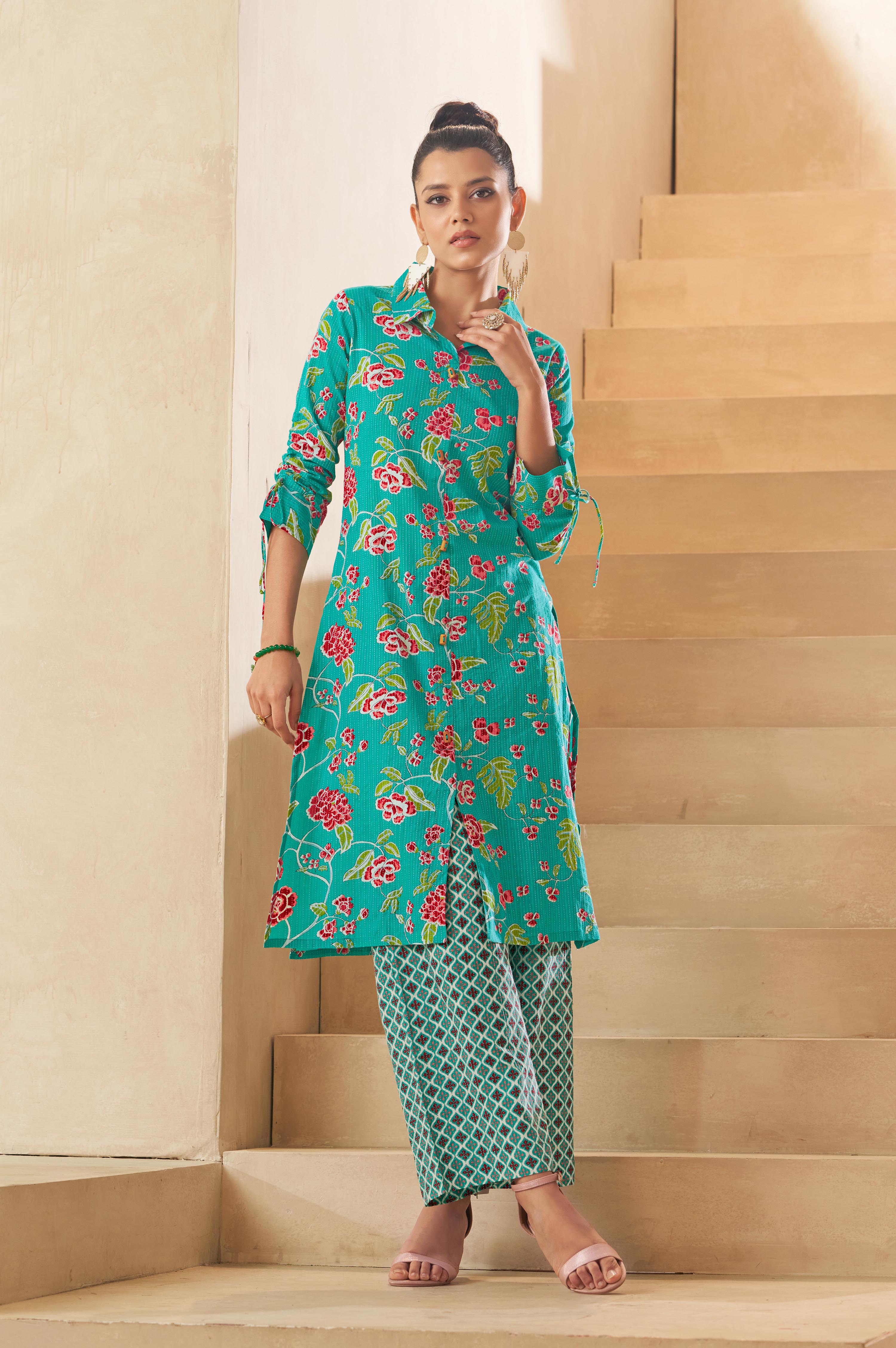 Winered Sky Blue Straight Cotton Printed Kurta