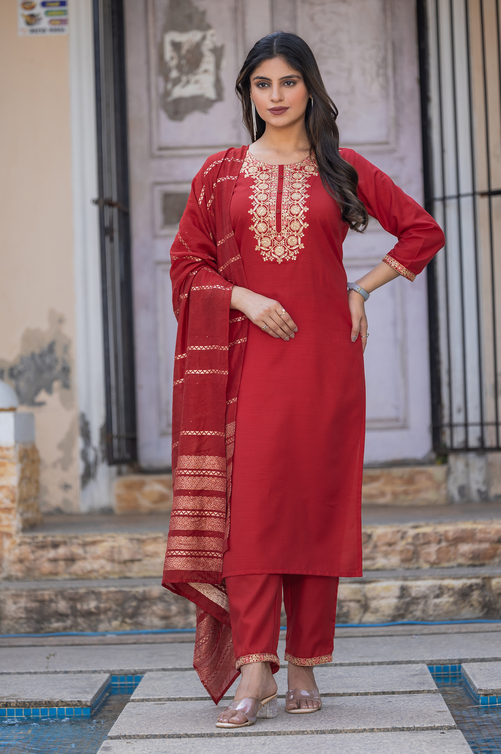Cotton Slub Kurta Set in Red
