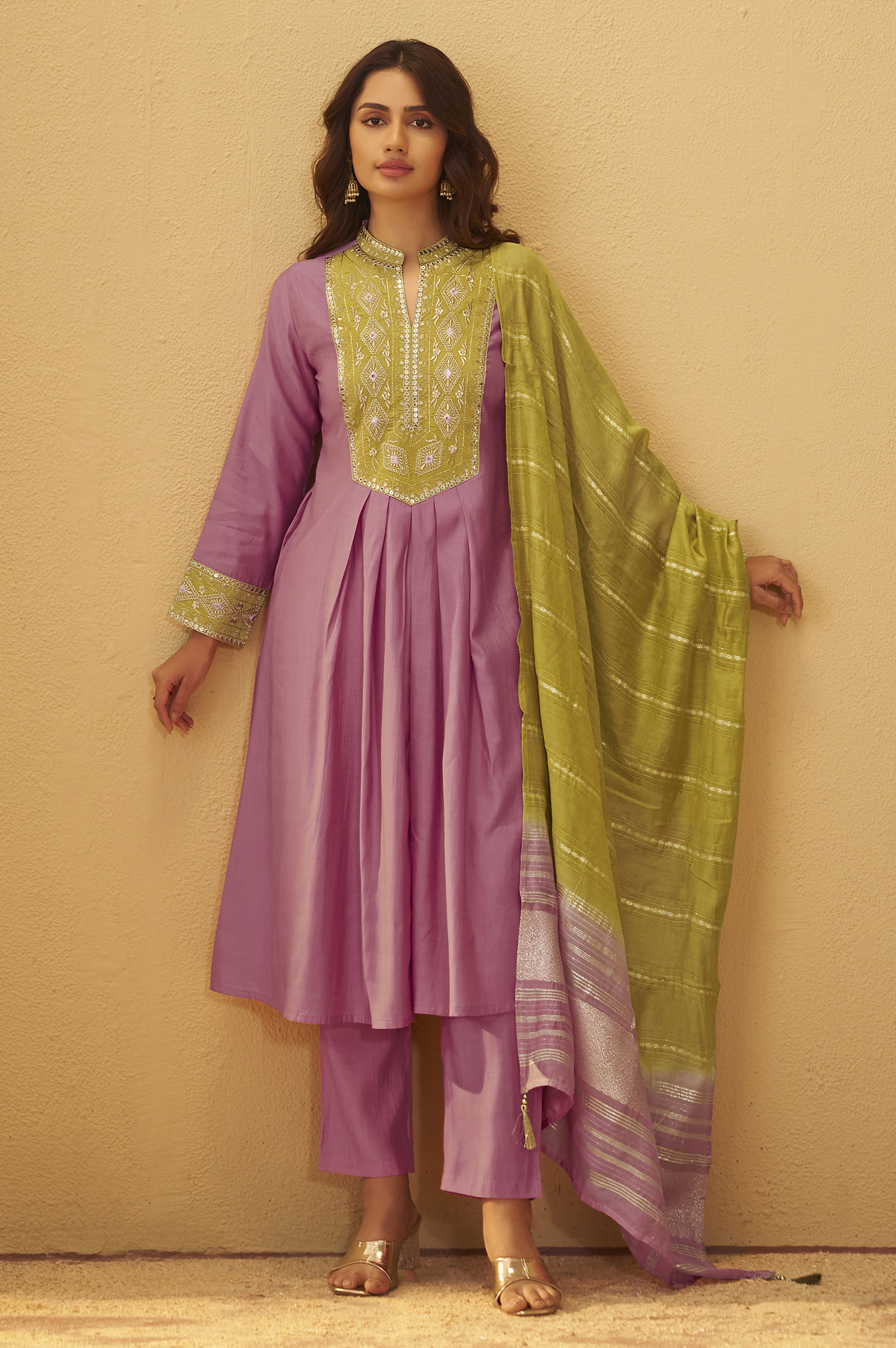 Women Wine Roman Silk Chanderi Embroidery Work Kurta Set With Dupatta