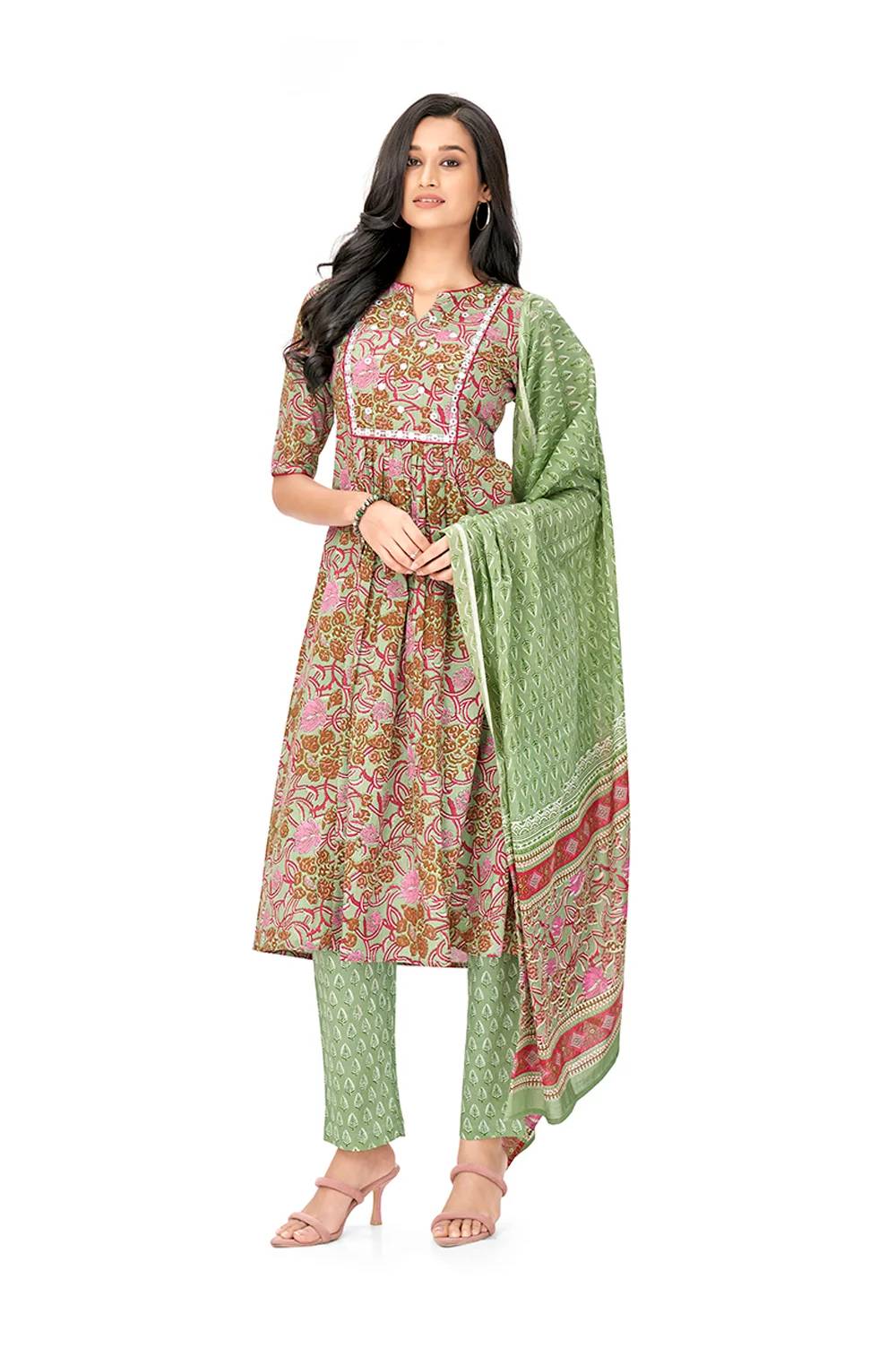 green-floral-print-cotton-a-line-kurta-set-with-dupatta