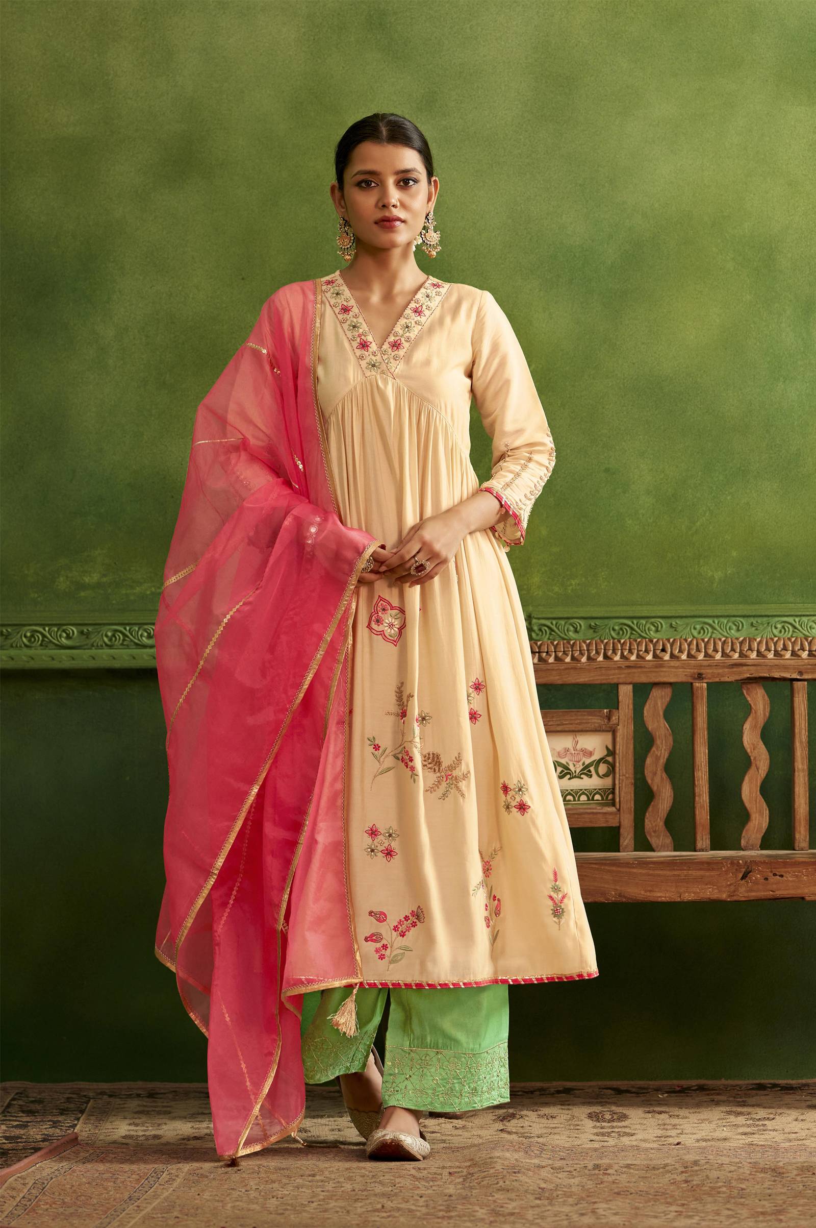 white-embroidered-flared-kurta-set-with-pink-embellished-dupatta