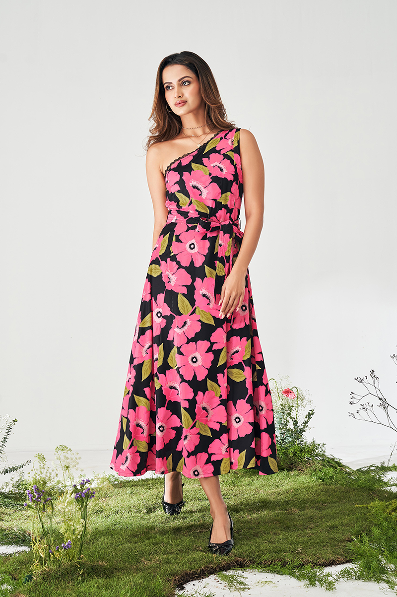 pink-off-shoulder-floral-printed-satin-dress
