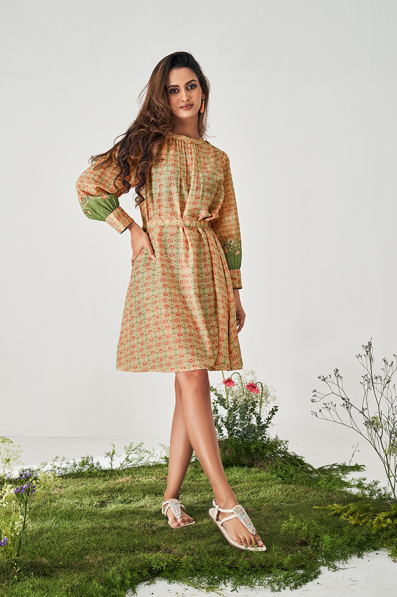 beige-fit-and-flared-digital-print-dress-with-belt