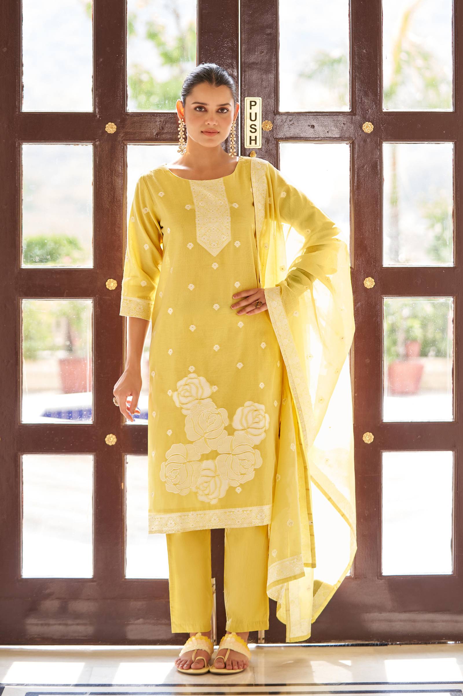 yellow-ethnic-motifs-floral-embroidered-straight-thread-work-kurta-set