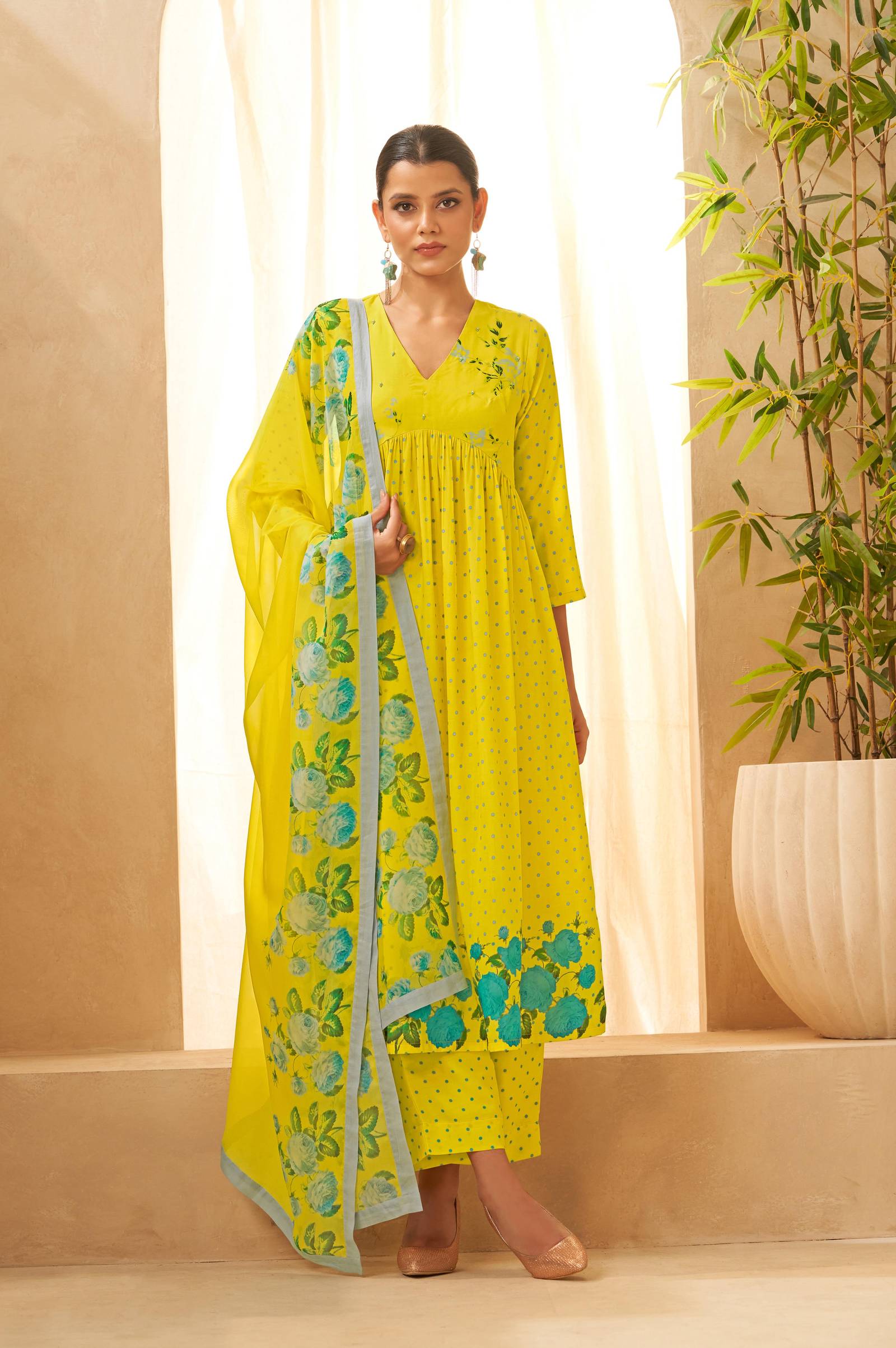 yellow-floral-printed-gathered-kurta-palazzo-and-dupatta-set