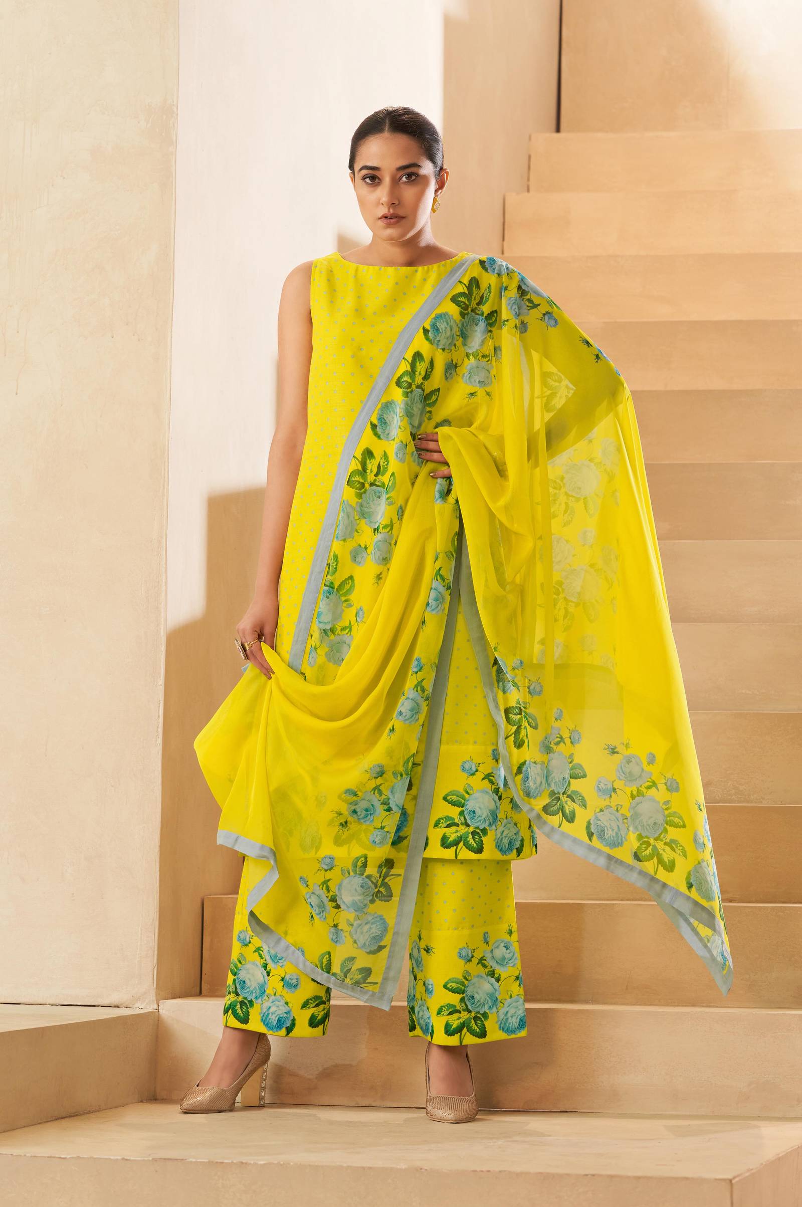 yellow-floral-printed-sleeveless-gathered-kurta-palazzo-and-dupatta-set