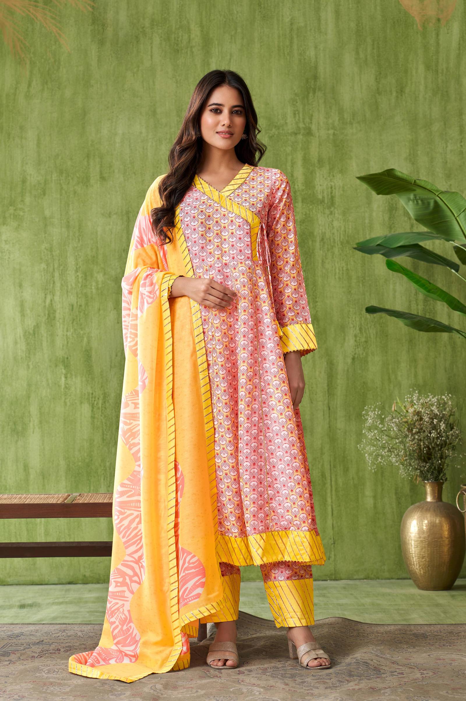 yellow-floral-printed-cotton-angrakha-kurta-with-gotapati-work-trousers-dupatta