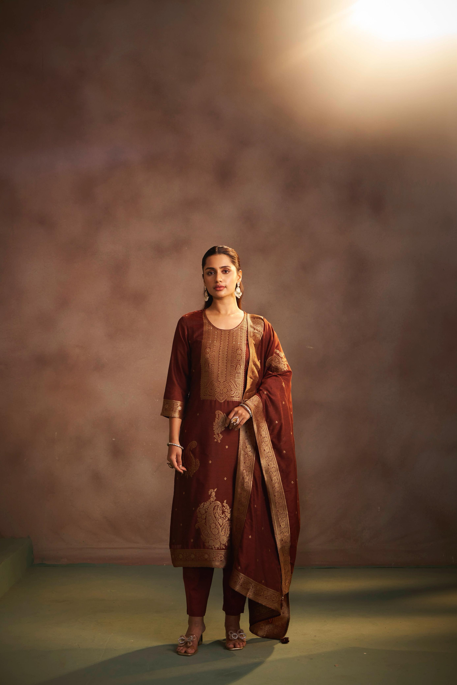 womens-brown-jacquard-art-silk-flared-kurta-set-with-cotton-bottom-silk-blend-dupatta-1