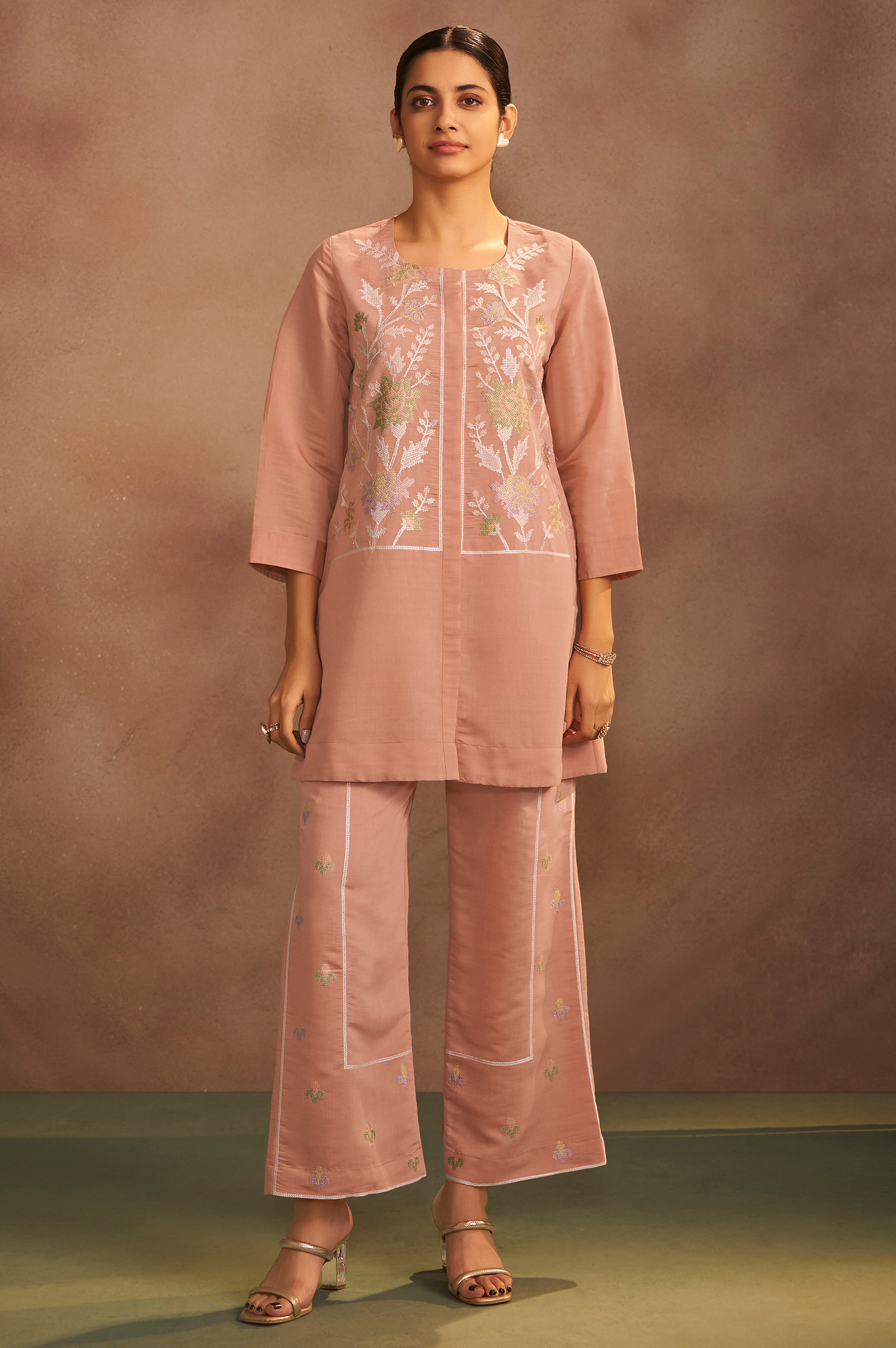 womens-peach-embroidered-flared-roman-silk-co-ord-set-dwc4046