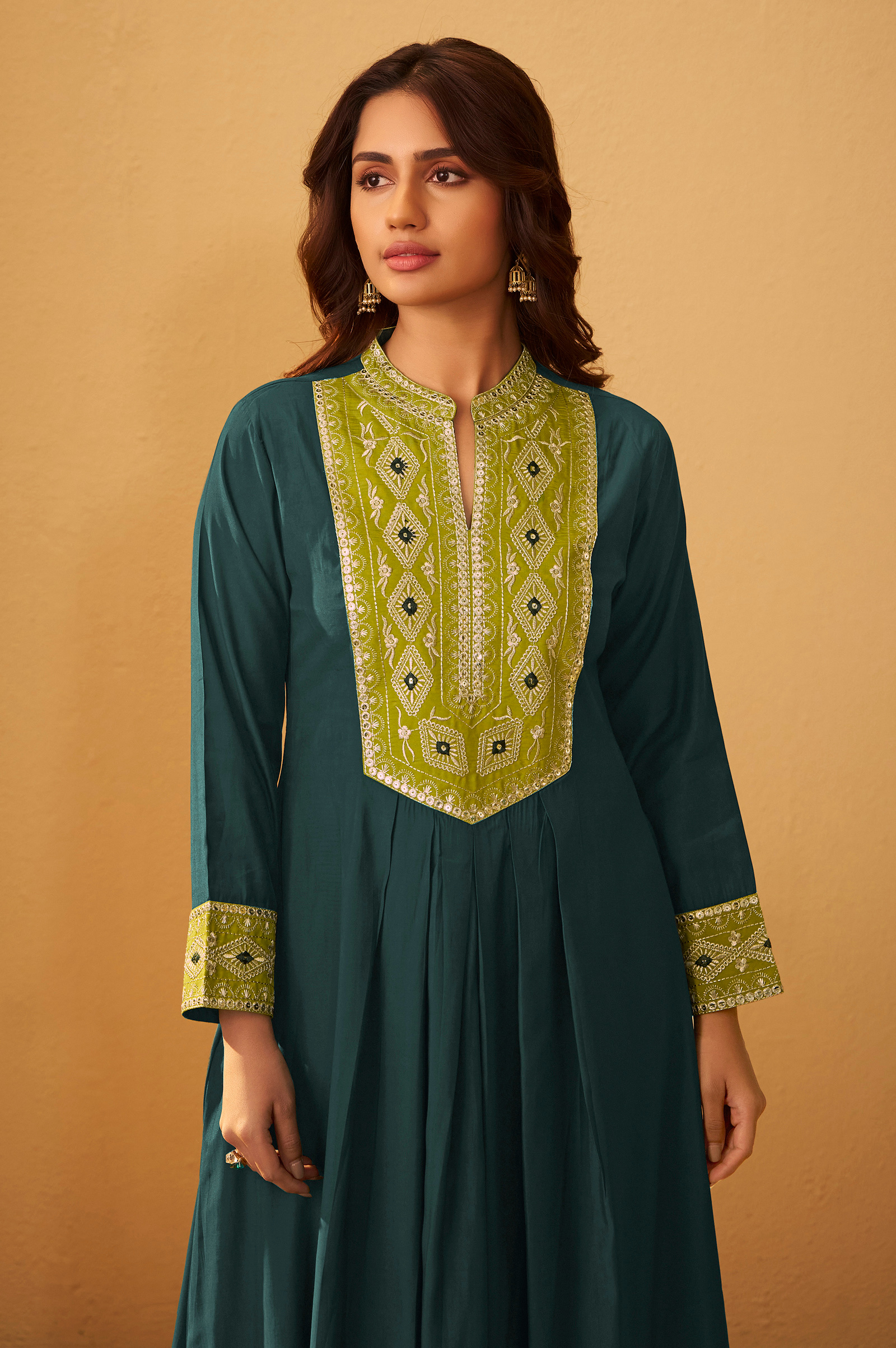 womens-drak-green-roman-silk-embroidered-flared-co-ord-set