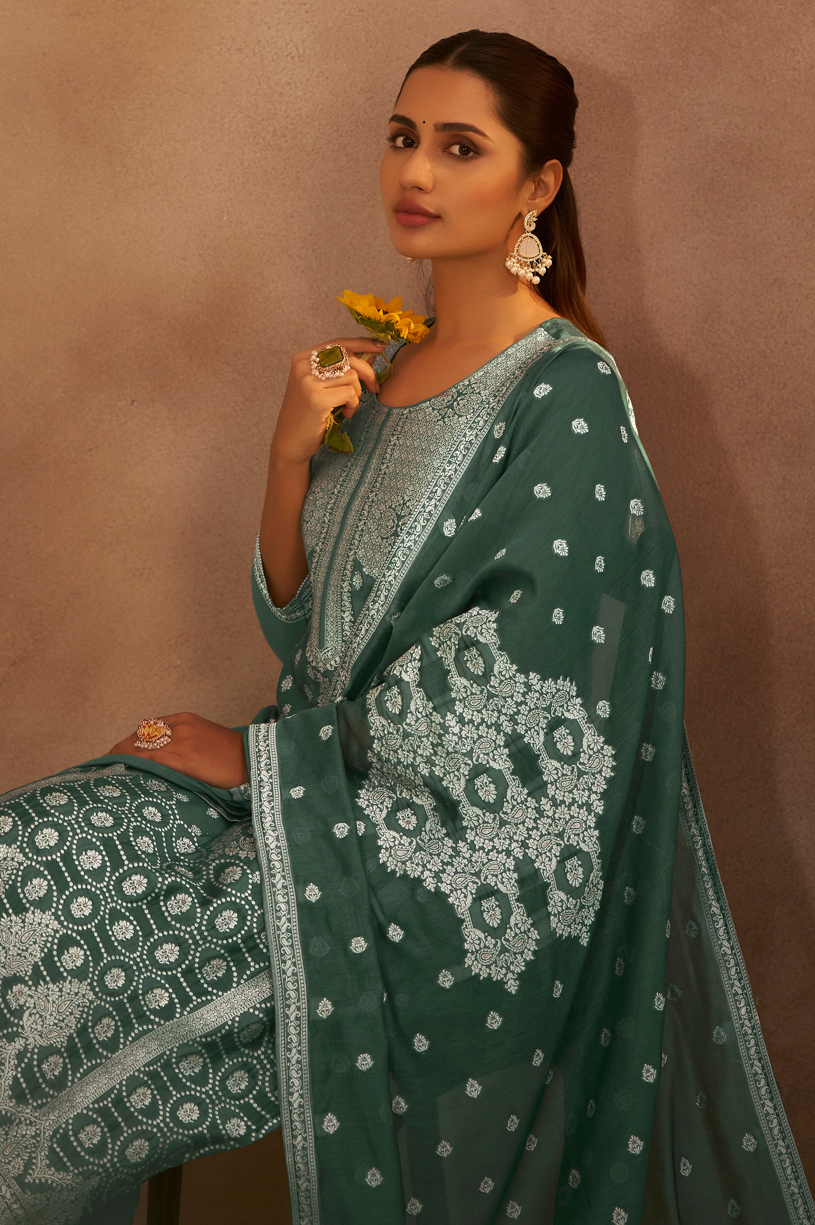 womens-dusty-green-jacquard-art-silk-flared-kurta-set-with-cotton-bottom-silk-blend-dupatta-6