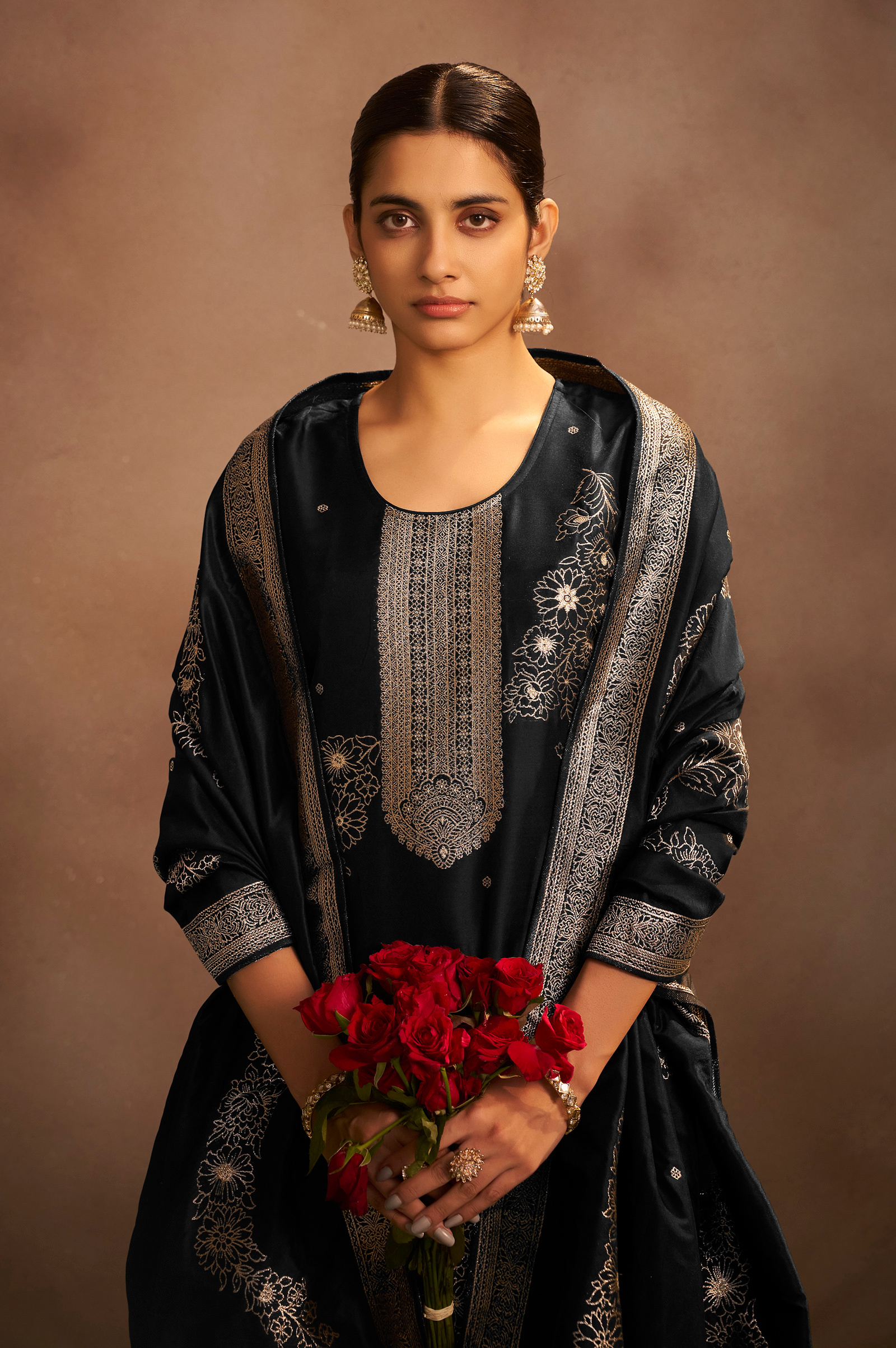womens-black-jacquard-art-silk-flared-kurta-set-with-cotton-bottom-silk-blend-dupatta-2