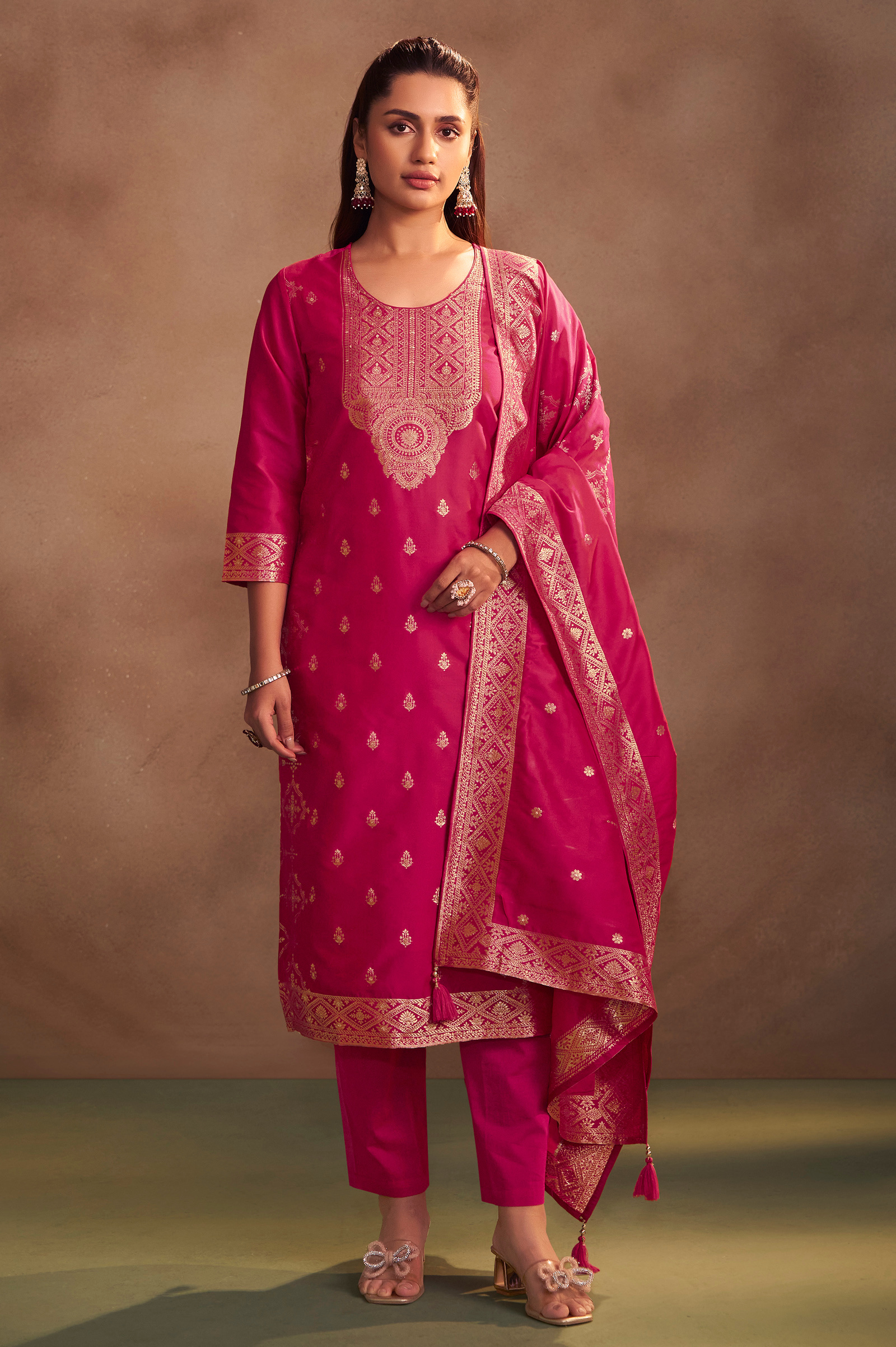 womens-rani-jacquard-art-silk-flared-kurta-set-with-cotton-bottom-silk-blend-dupatta