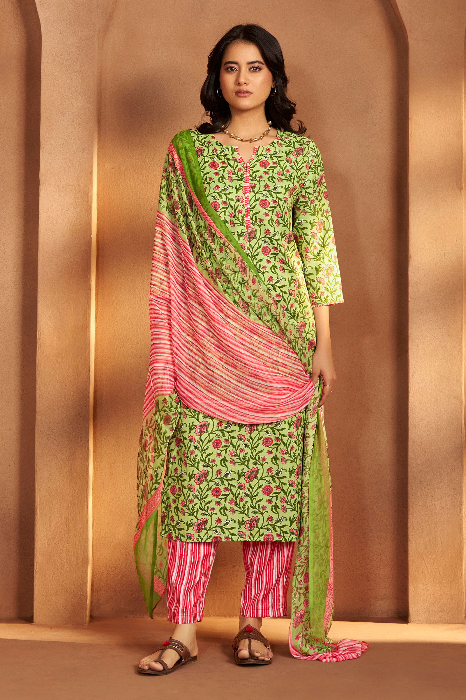 womens-pista-green-cotton-blend-printed-straight-kurta-with-printed-pant-chanderi-printed-dupatta