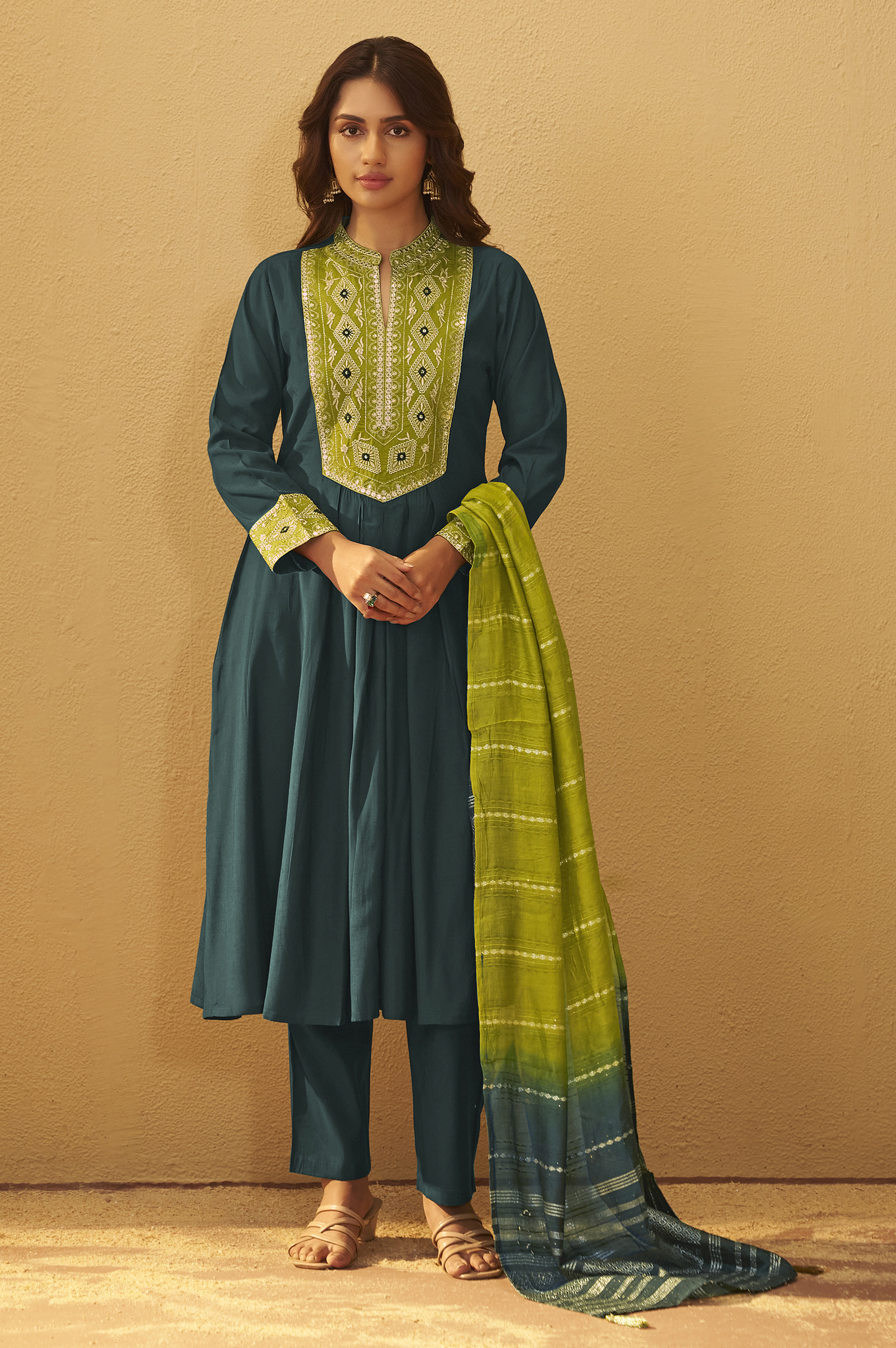 dark-green-roman-silk-embroidered-flared-kurta-set-dupatta