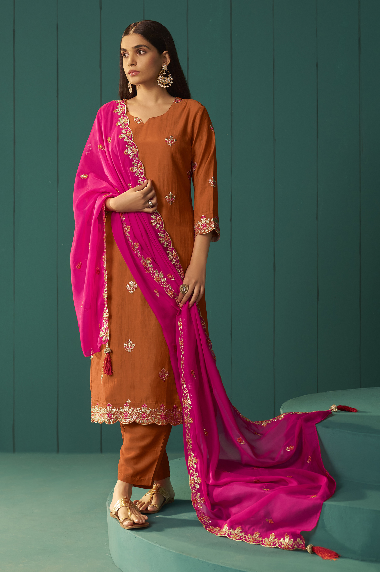 dresoul-orange-chinnon-embroidered-kurta-set-with-dupatta-for-women