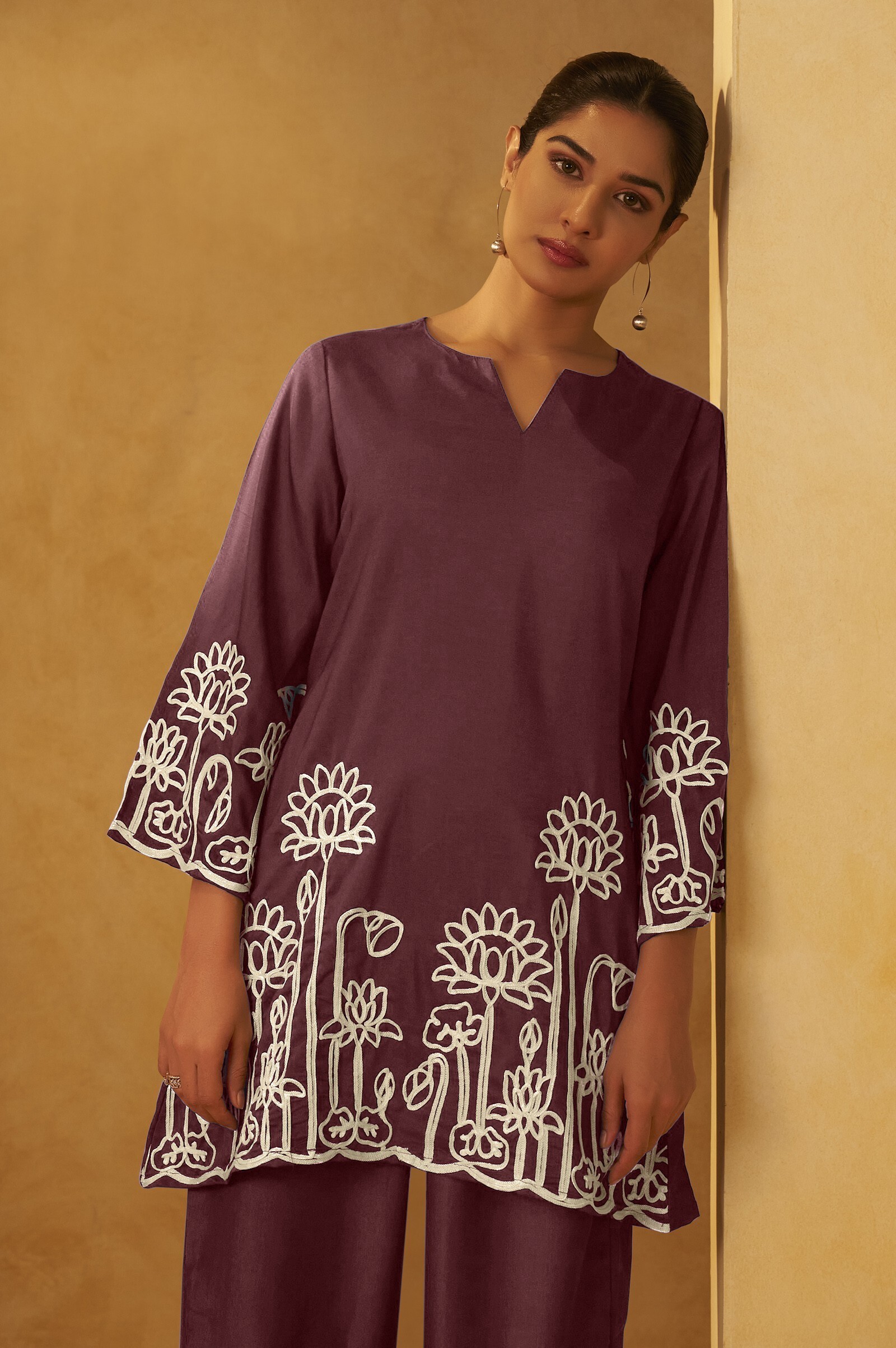women-coffee-embroidered-cotton-blend-straight-kurta-co-ord-set