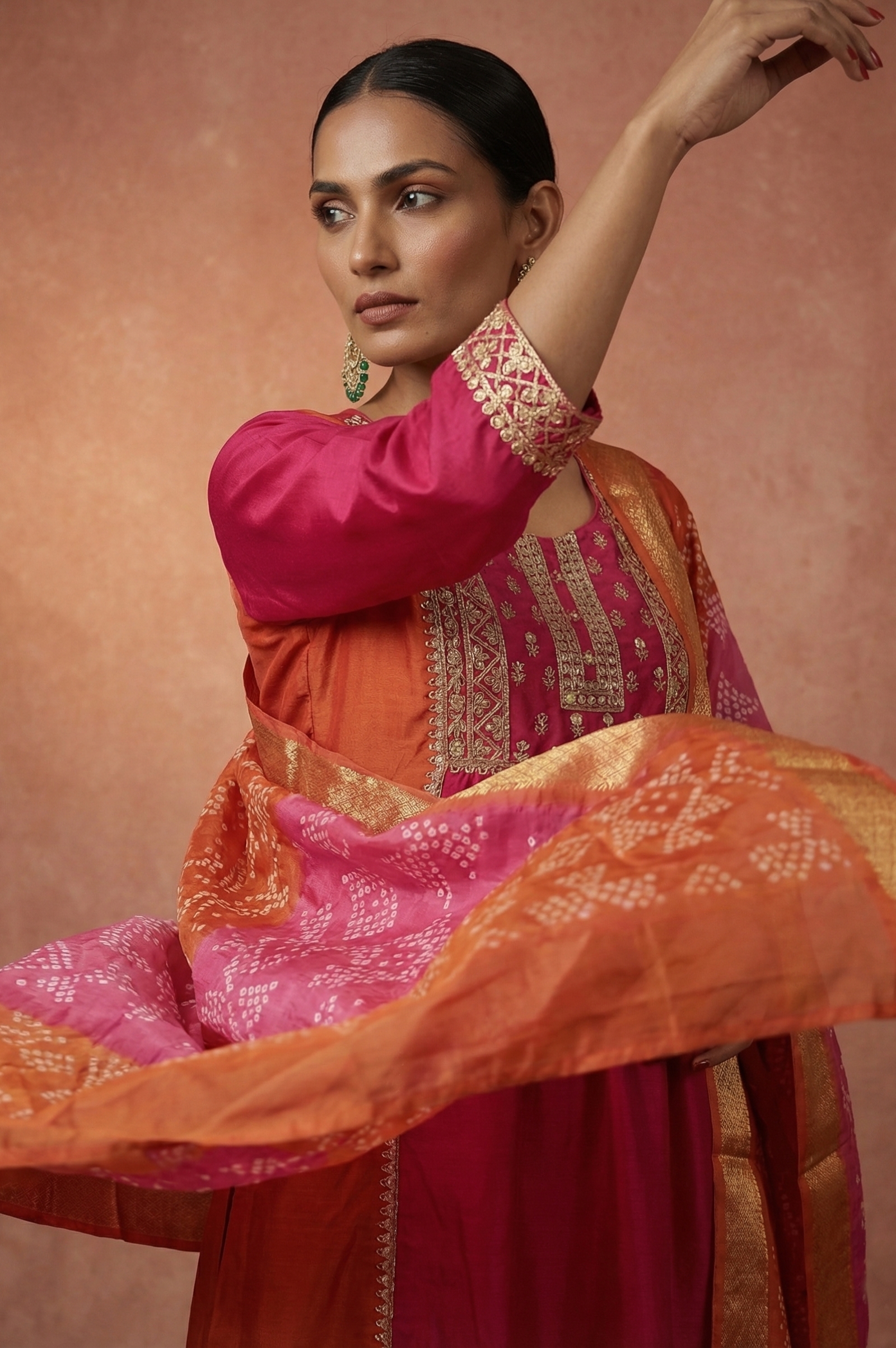 pink-orange-chinnon-embroidered-anarkali-kurta-set-with-pant-printed-organza-dupatta