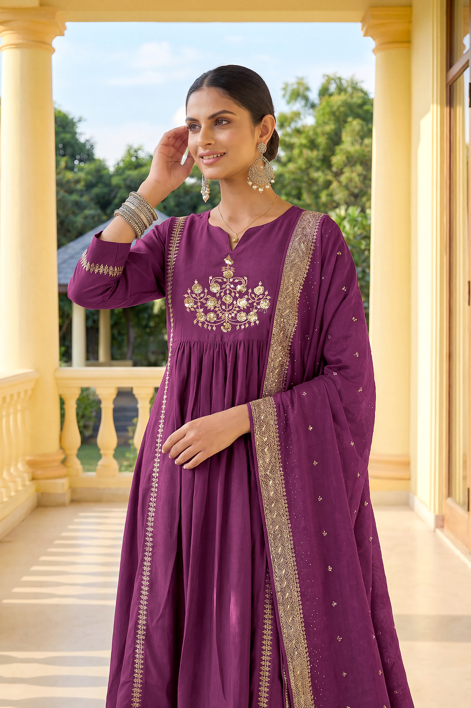 wine-chinnon-embroidered-flared-kurta-set-with-jacquard-chanderi-dupatta