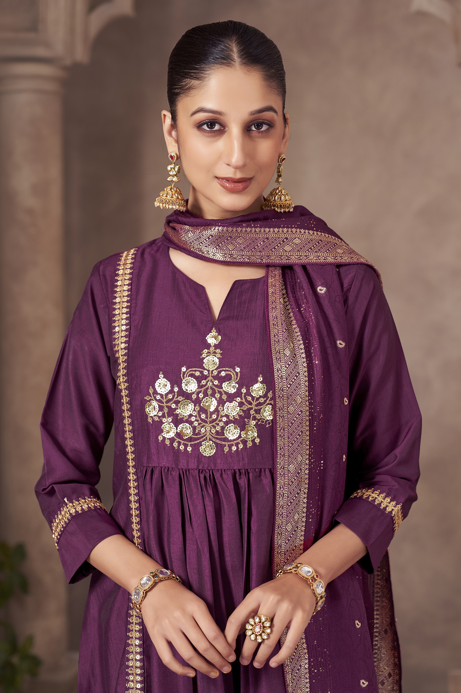 wine-chinnon-embroidered-flared-kurta-set-with-jacquard-chanderi-dupatta