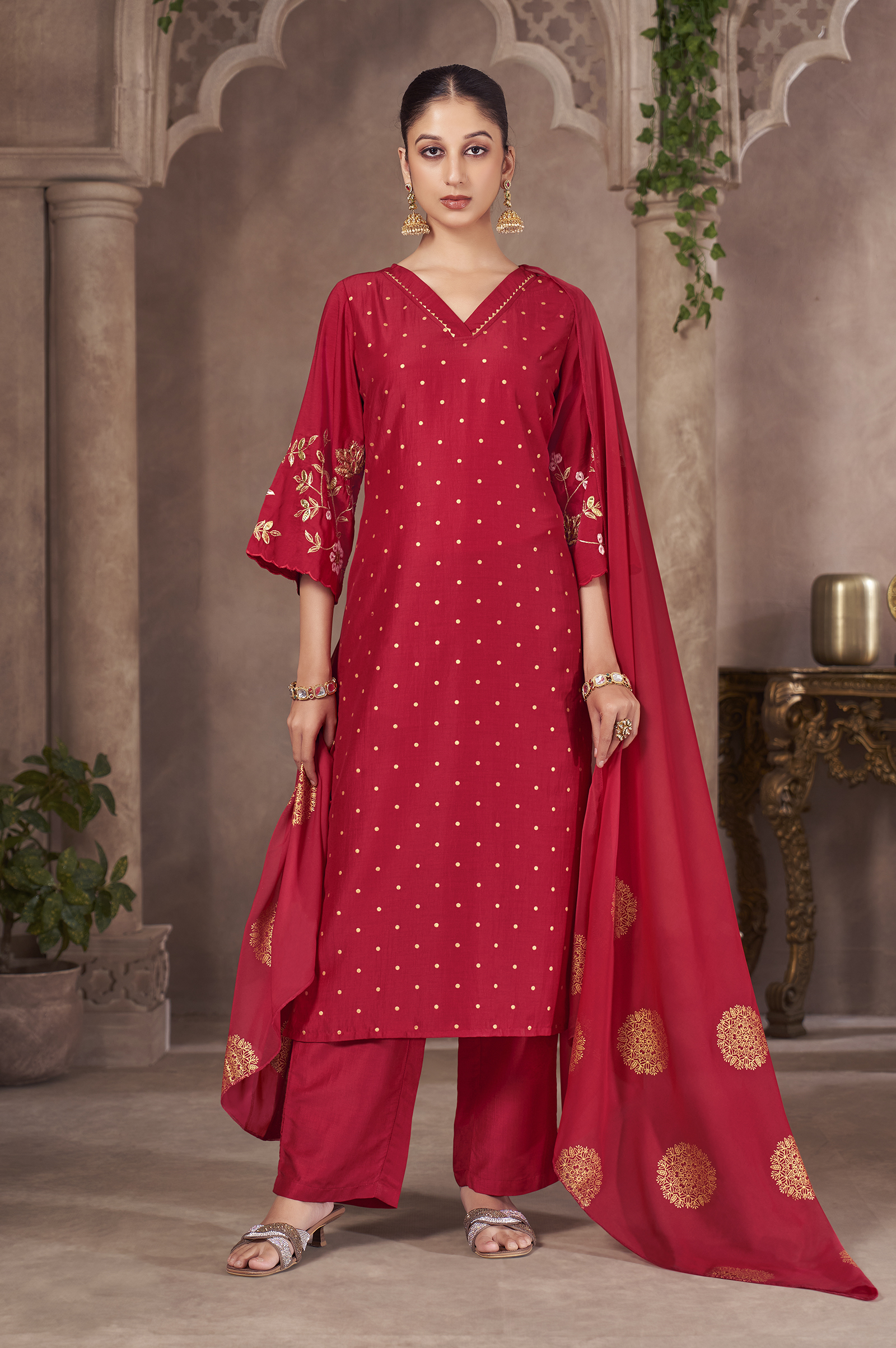 red-chinnon-embroidered-straight-kurta-set