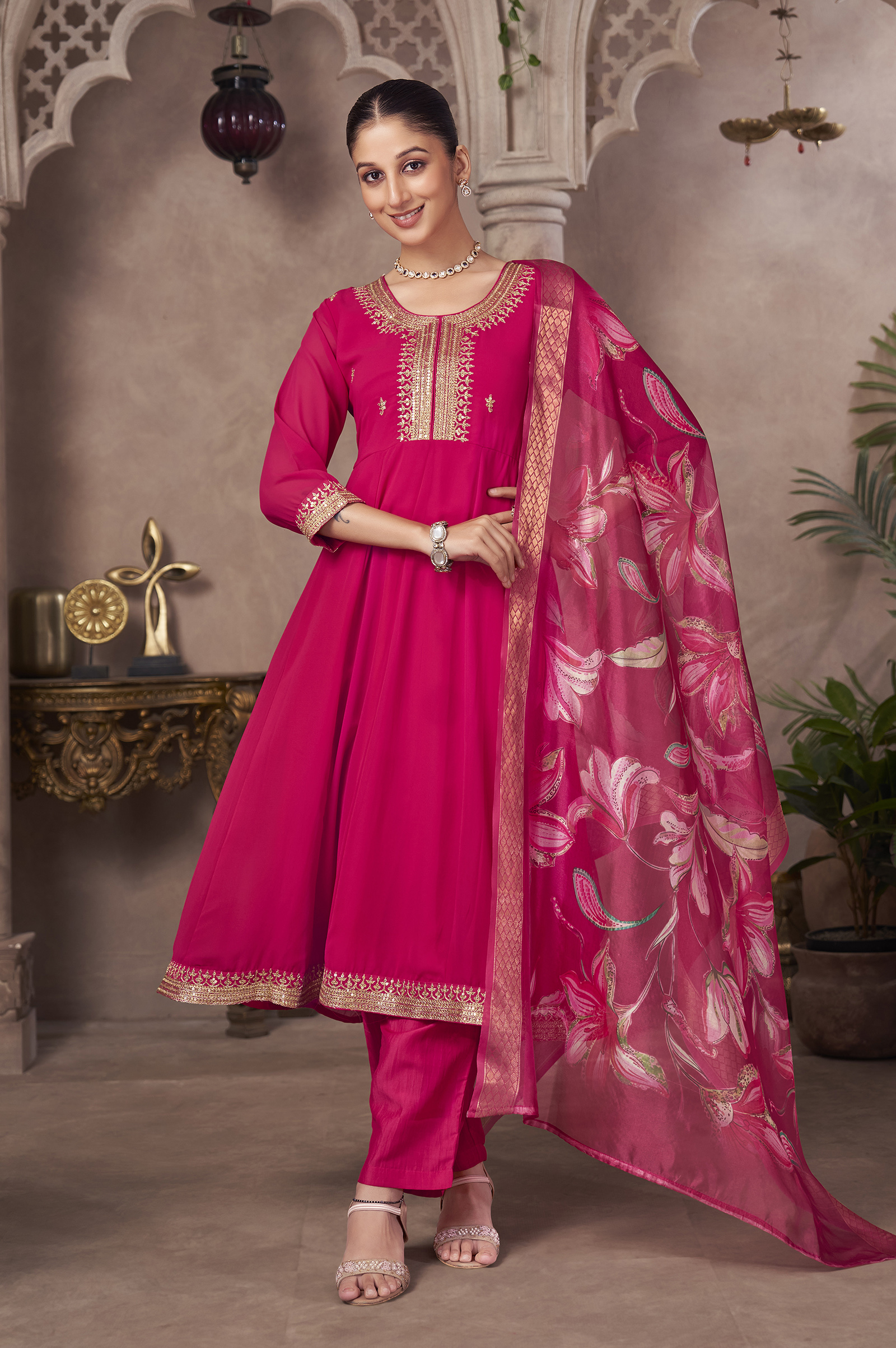 pink-embroidered-georgette-flared-kurta-with-chinon-pants-and-floral-printed-organza-dupatta