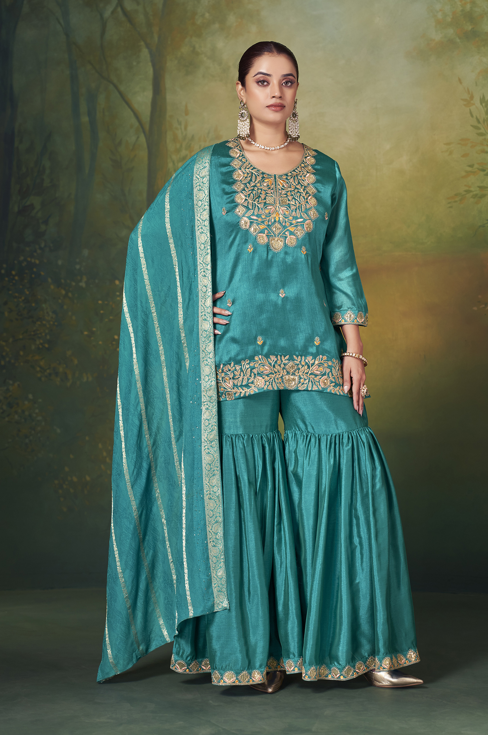 teal-blue-vichitra-silk-embroidered-straight-kurta-set-with-sharara-chanderi-jacquard-dupatta