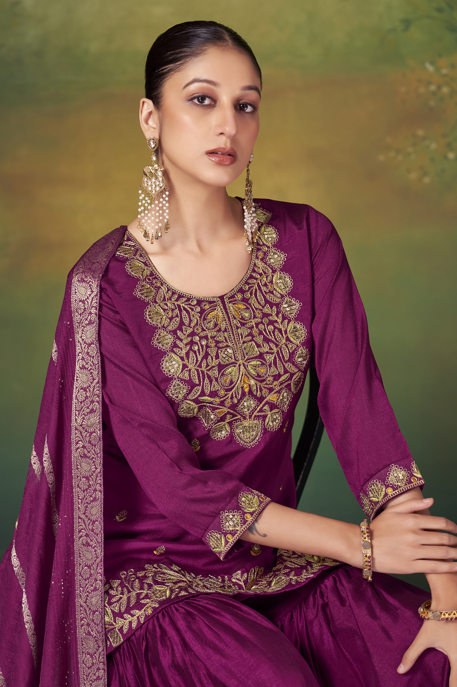 wine-vichitra-silk-embroidered-straight-kurta-set-with-sharara-chanderi-jacquard-dupatta