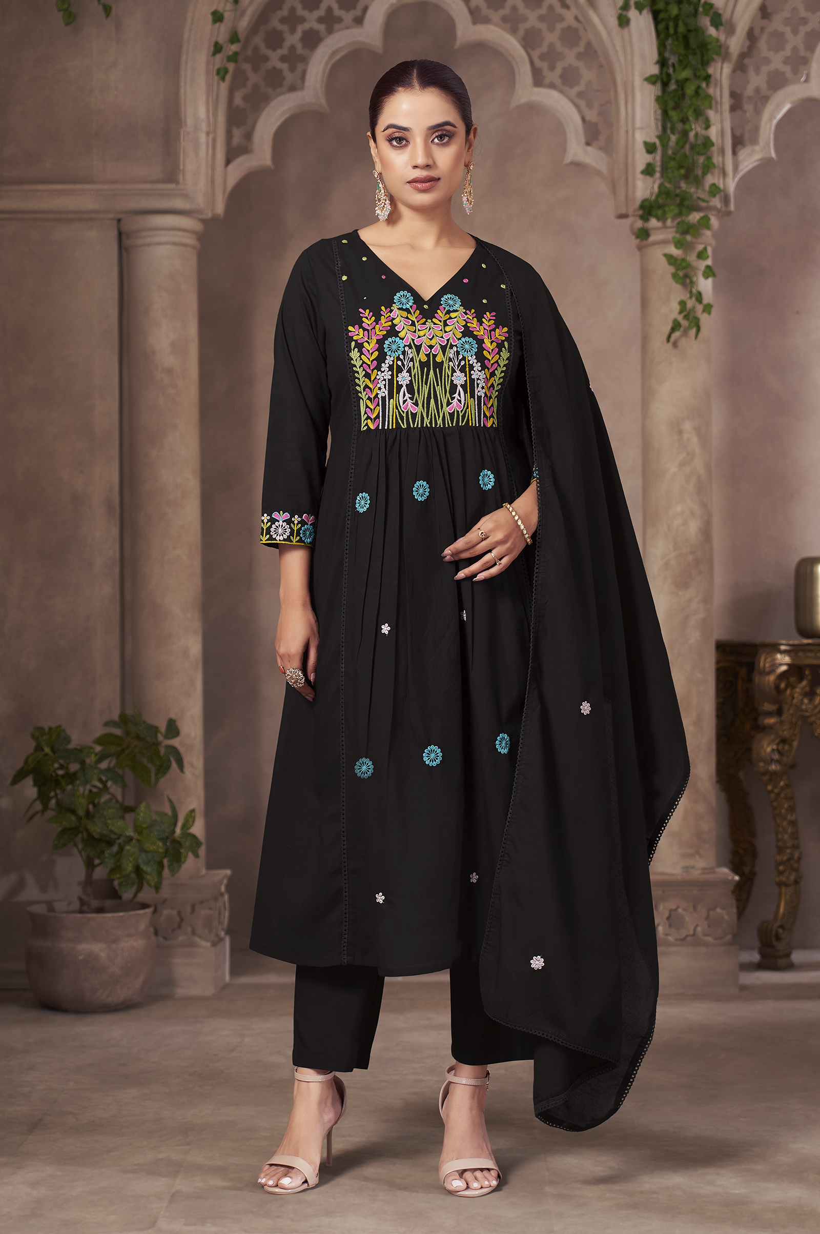 black-pure-cotton-embroidered-kurta-set-with-dupatta