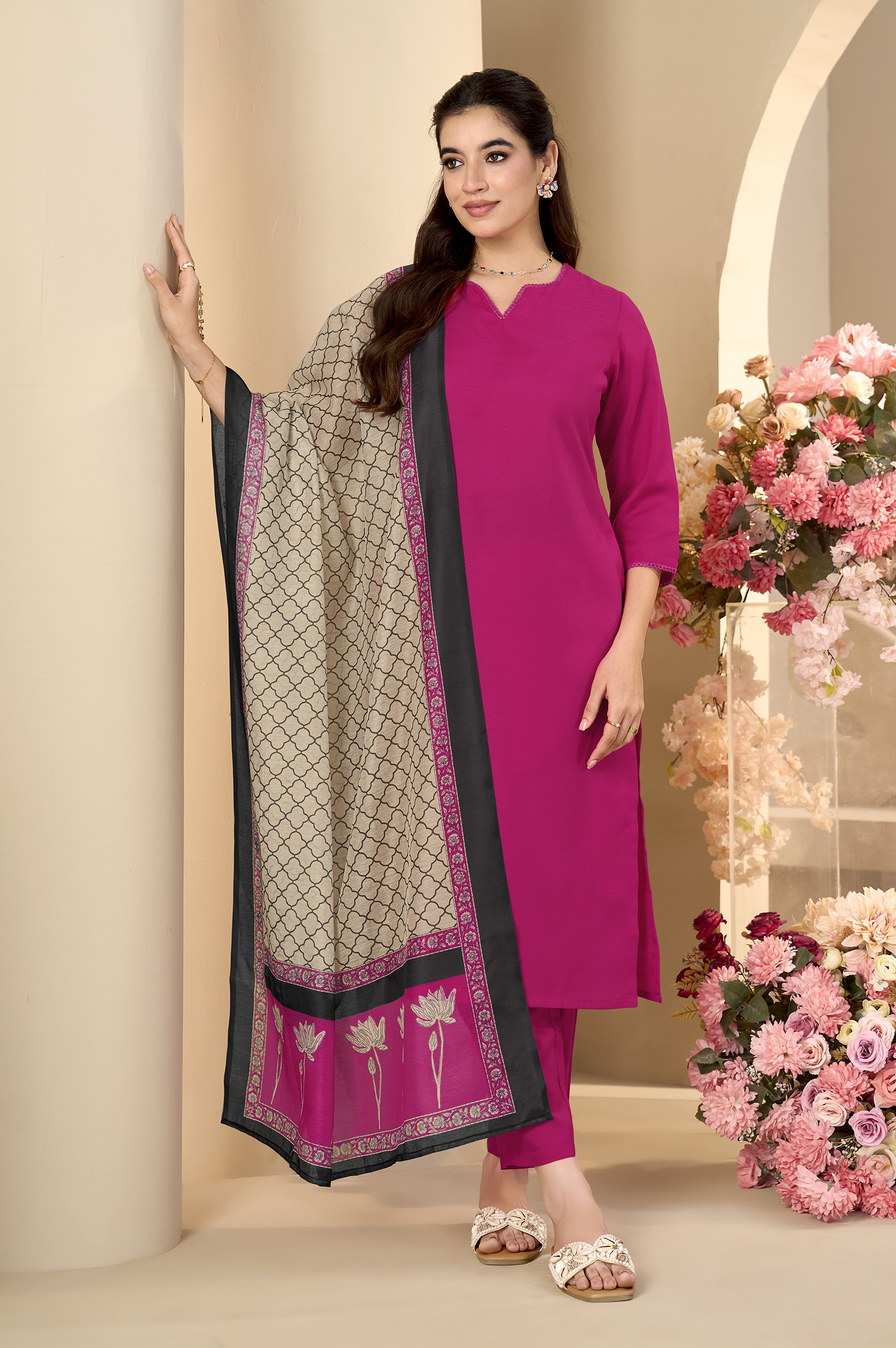 pink-cotton-flared-calf-length-kurta-with-pant-cream-chanderi-printed-dupatta