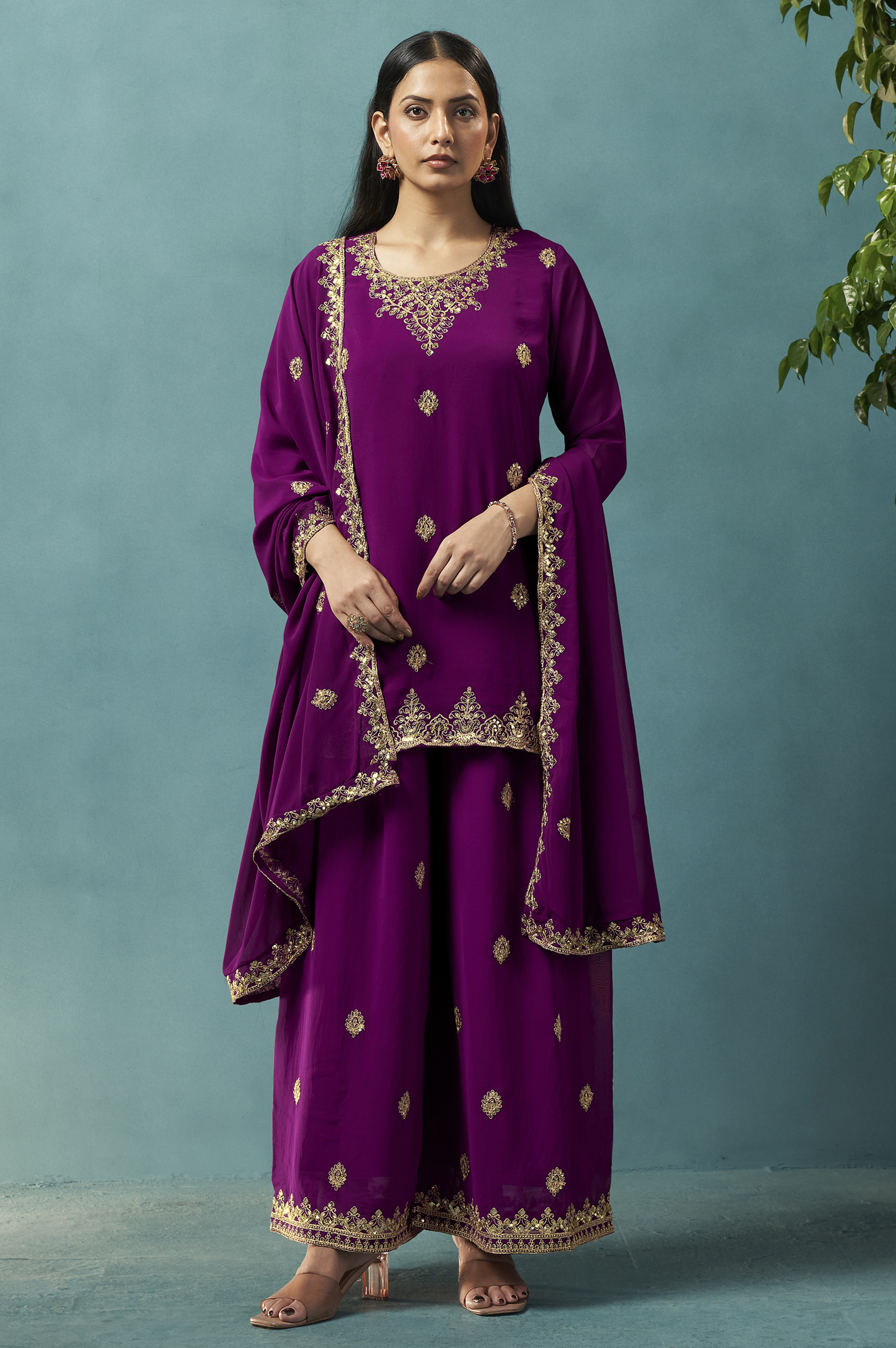 wine-embroidered-georgette-flared-kurta-with-matching-sharara-and-embroidered-dupatta-set