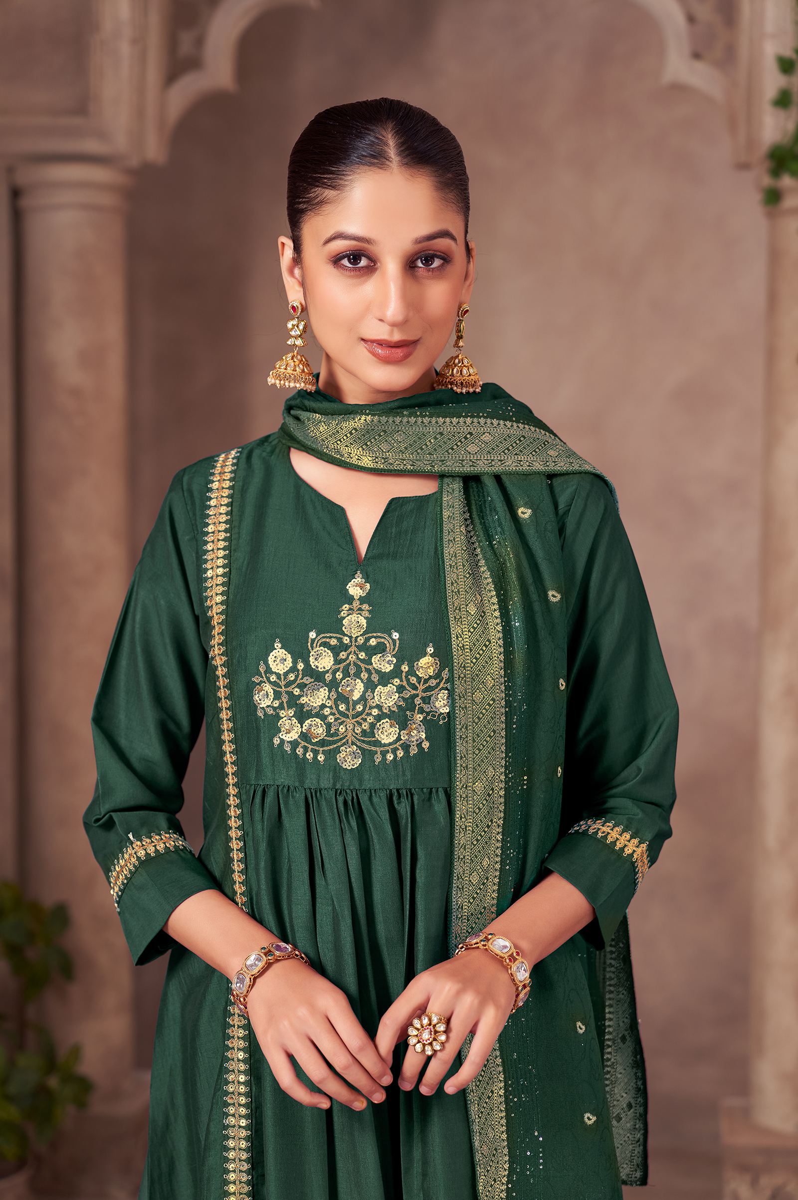 green-chinnon-embroidered-flared-kurta-set-with-jacquard-chanderi-dupatta