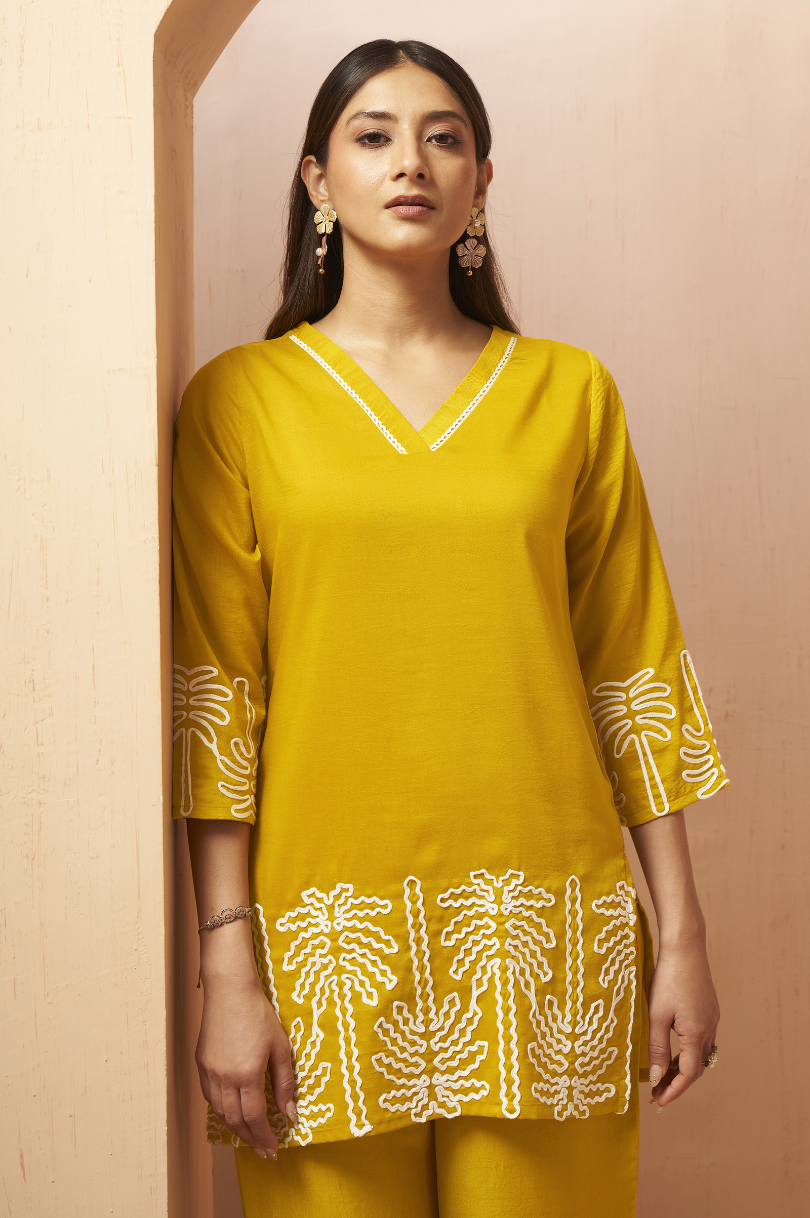 mustard-embroidered-cotton-blend-co-ord-set