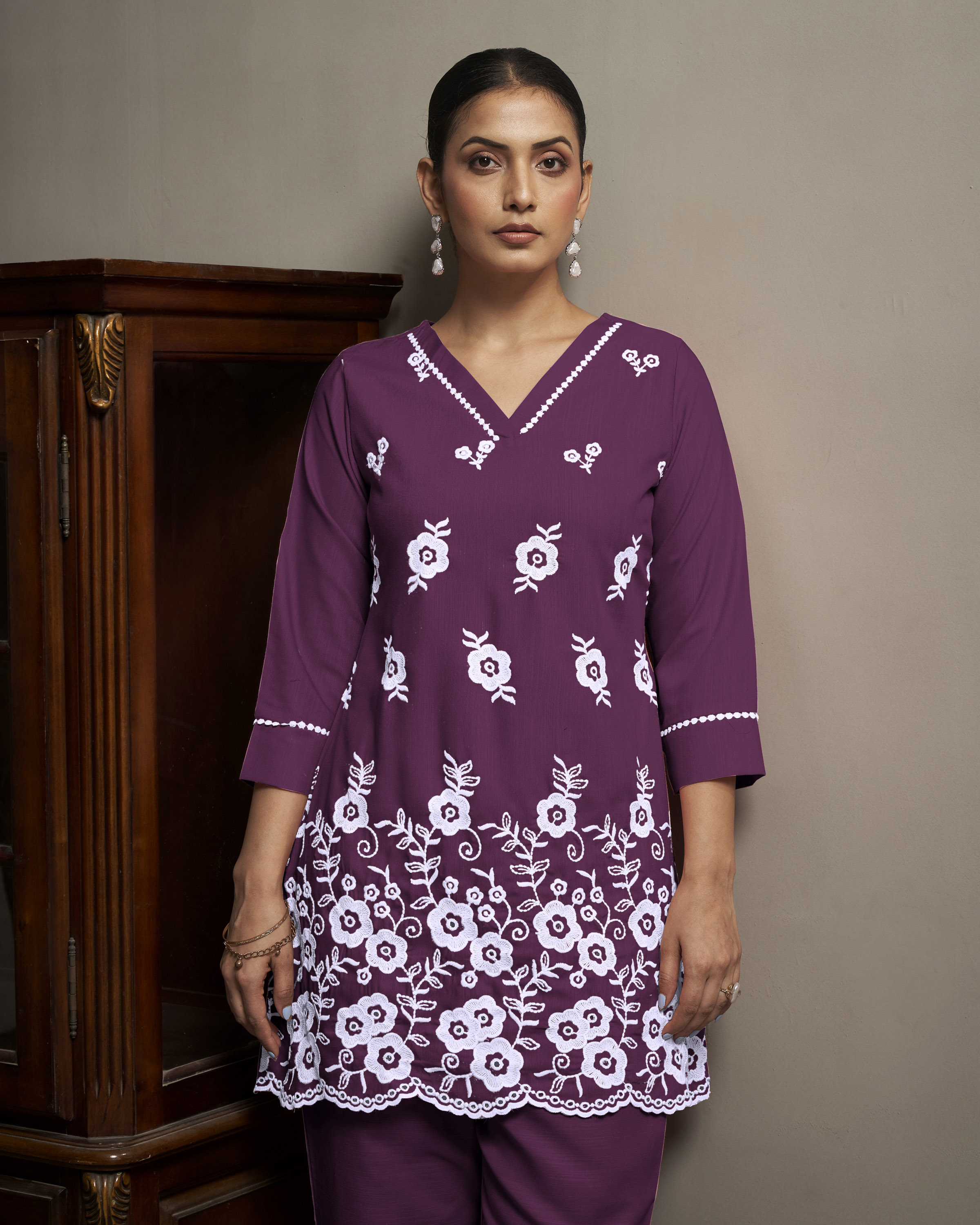 women-wine-schiffli-thread-work-embroidered-tunic-pant-co-ord-set