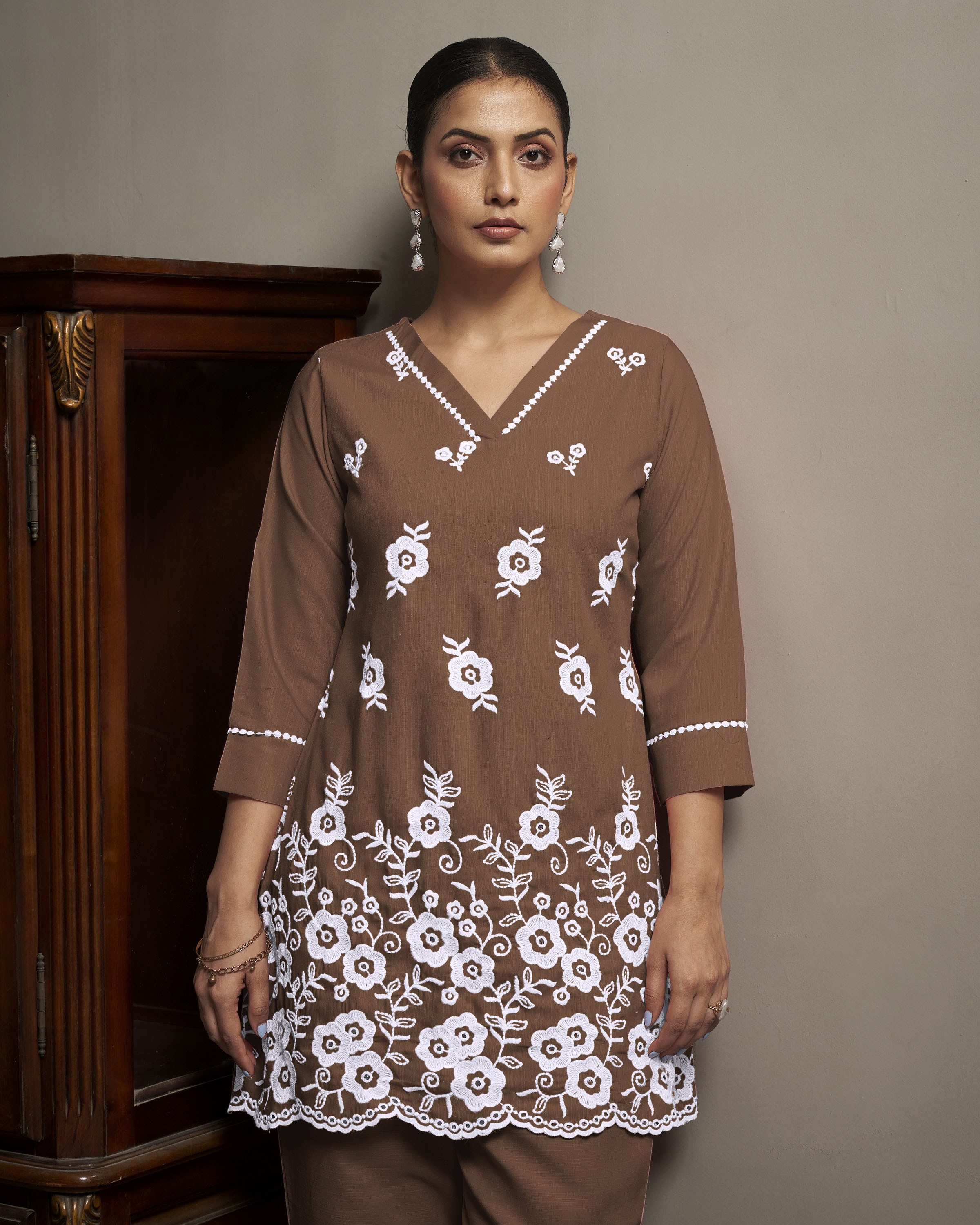 women-coffee-schiffli-embroidered-v-neck-cotton-tunic-pant-co-ord-set