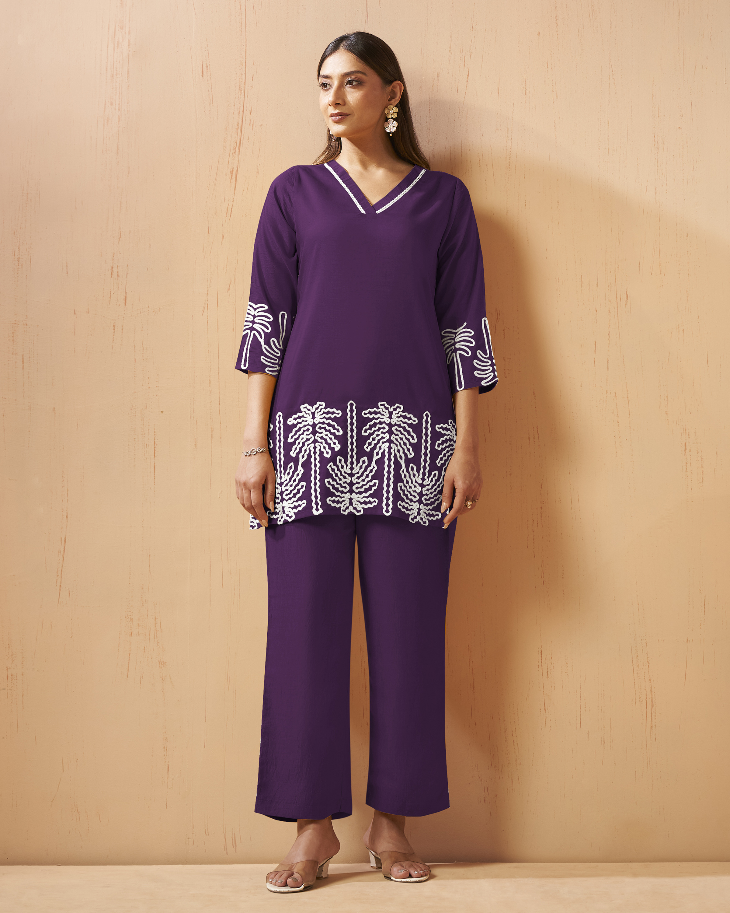 women-wine-tropical-embroidered-cotton-tunic-pant-co-ord-set