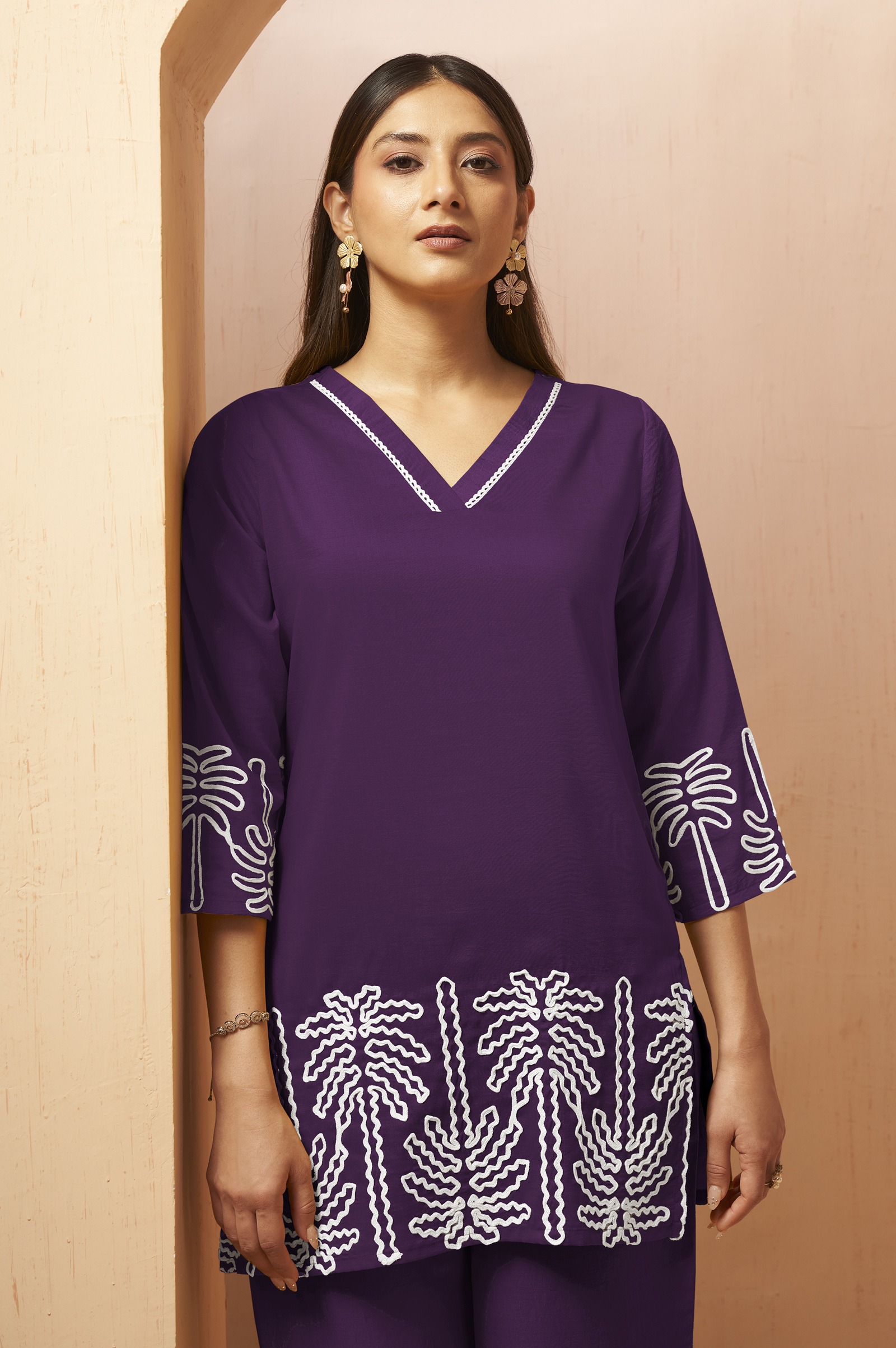 women-wine-tropical-embroidered-cotton-tunic-pant-co-ord-set