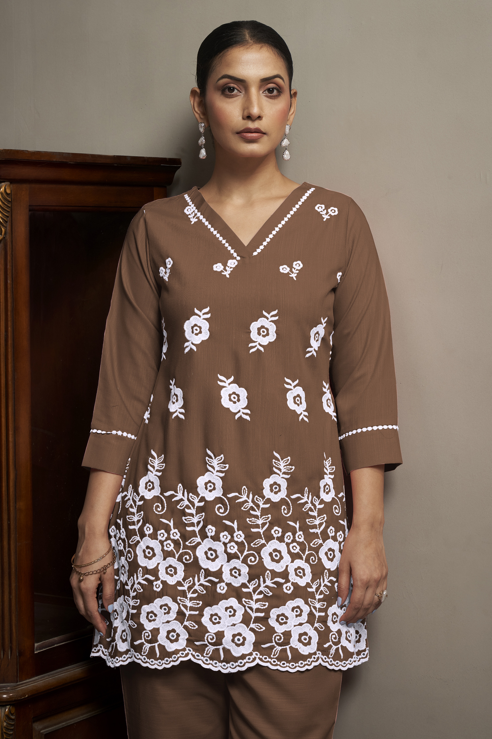 women-coffee-schiffli-embroidered-v-neck-cotton-tunic-pant-co-ord-set
