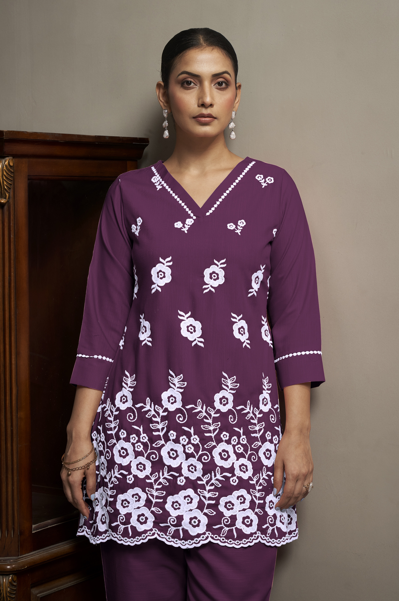 women-wine-schiffli-thread-work-embroidered-tunic-pant-co-ord-set