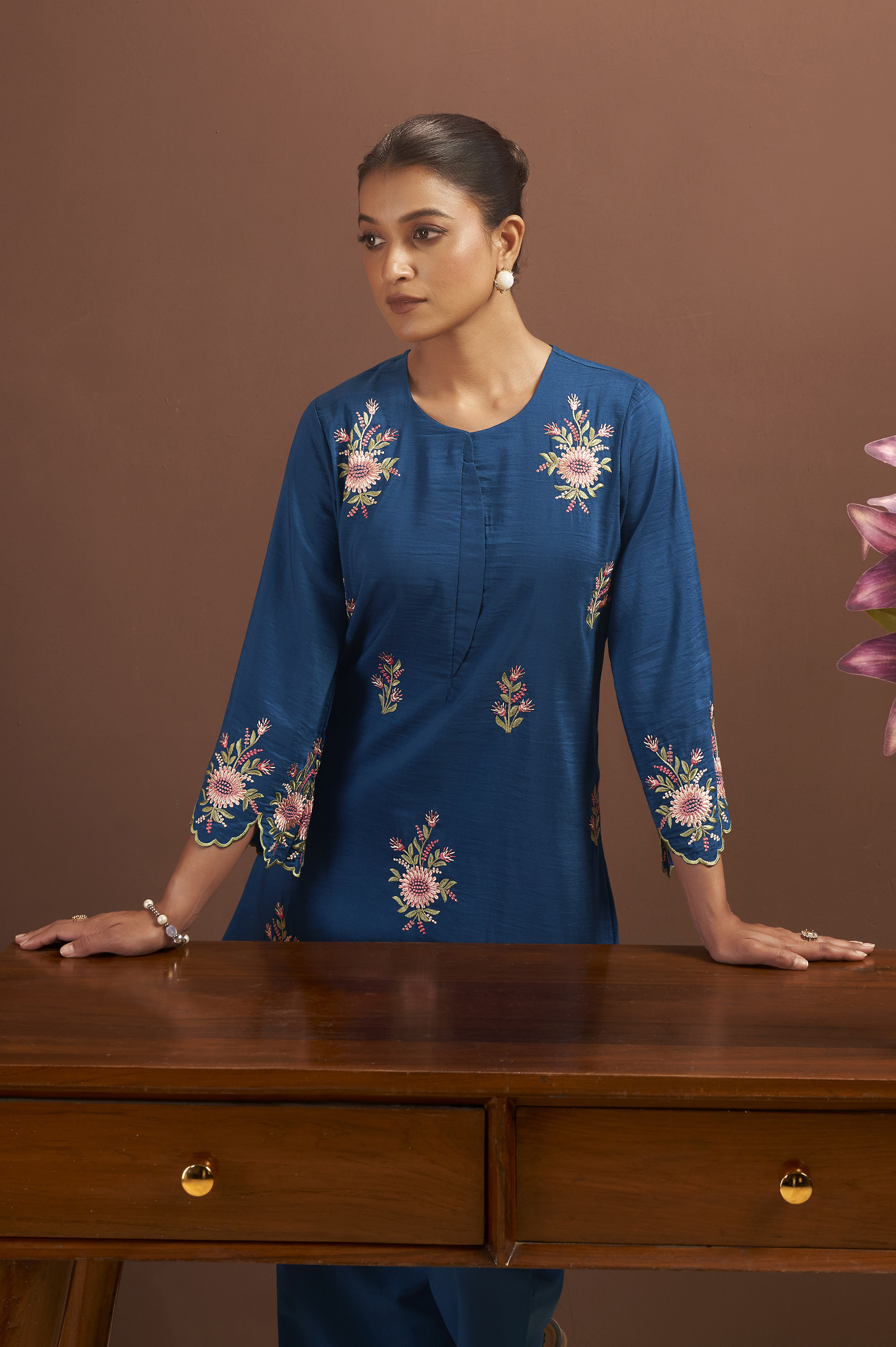 women-blue-cotton-blend-floral-embroidered-top-and-pant-co-ord-set